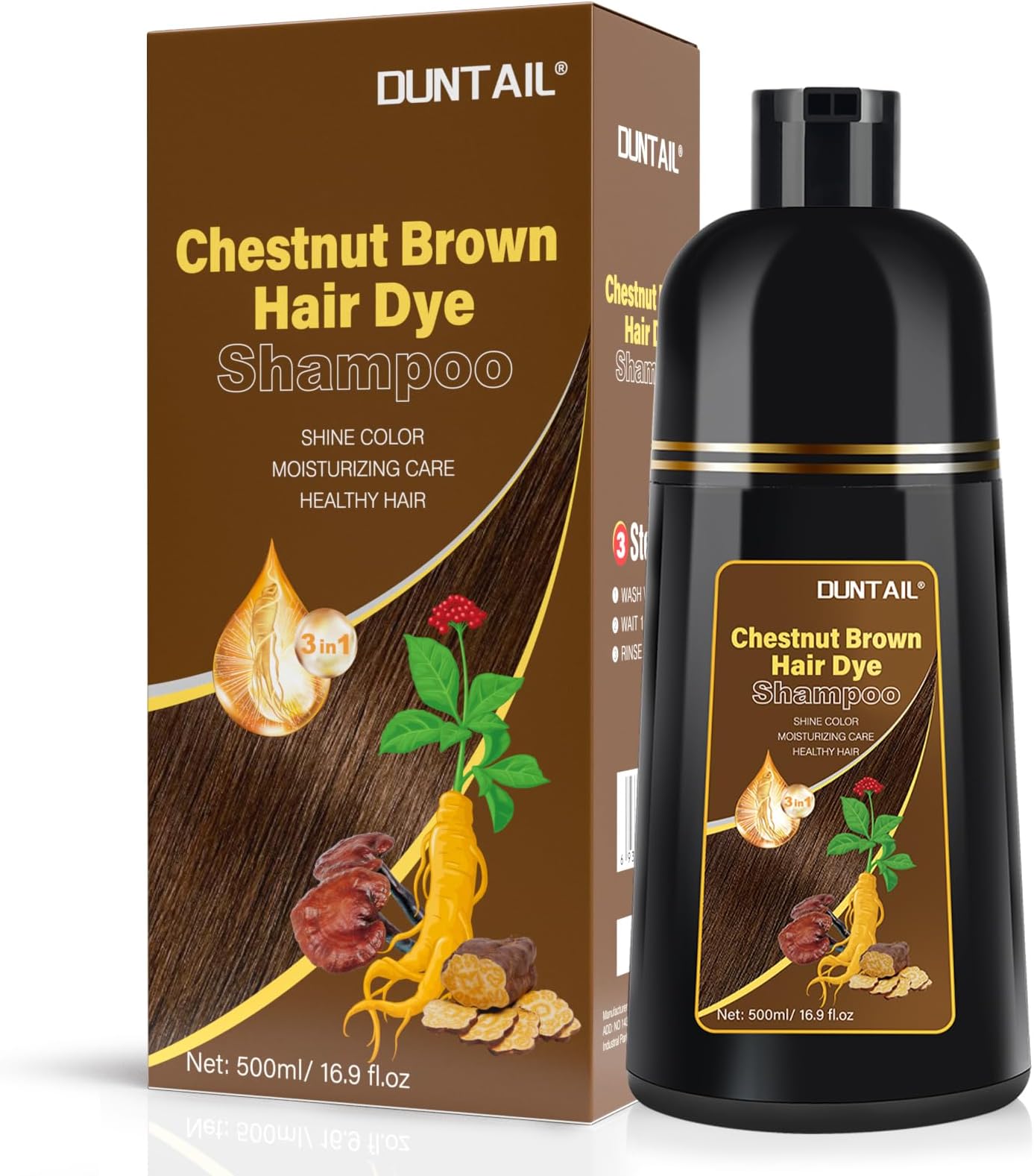 DUNTAIL Chestnut Brown Hair Dye Shampoo for Gray Hair 500ML Instant Hair Color Shampoo for Men&Women 3 in 1 Color Shampoo for Dark Hair-Colors in Minutes-Long Lasting-Safe & Easy to Use(New upgrade)