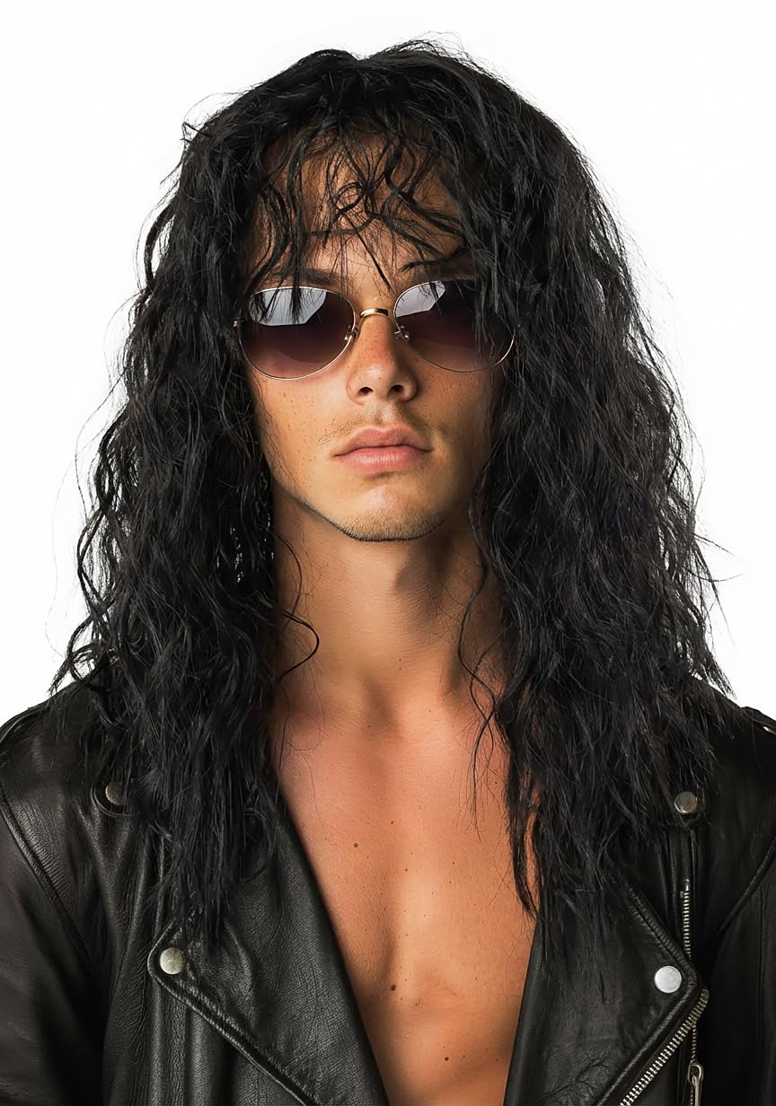 UQJE Men’s 80s Wig Black Long Curly Wig Rocker Costume Wig