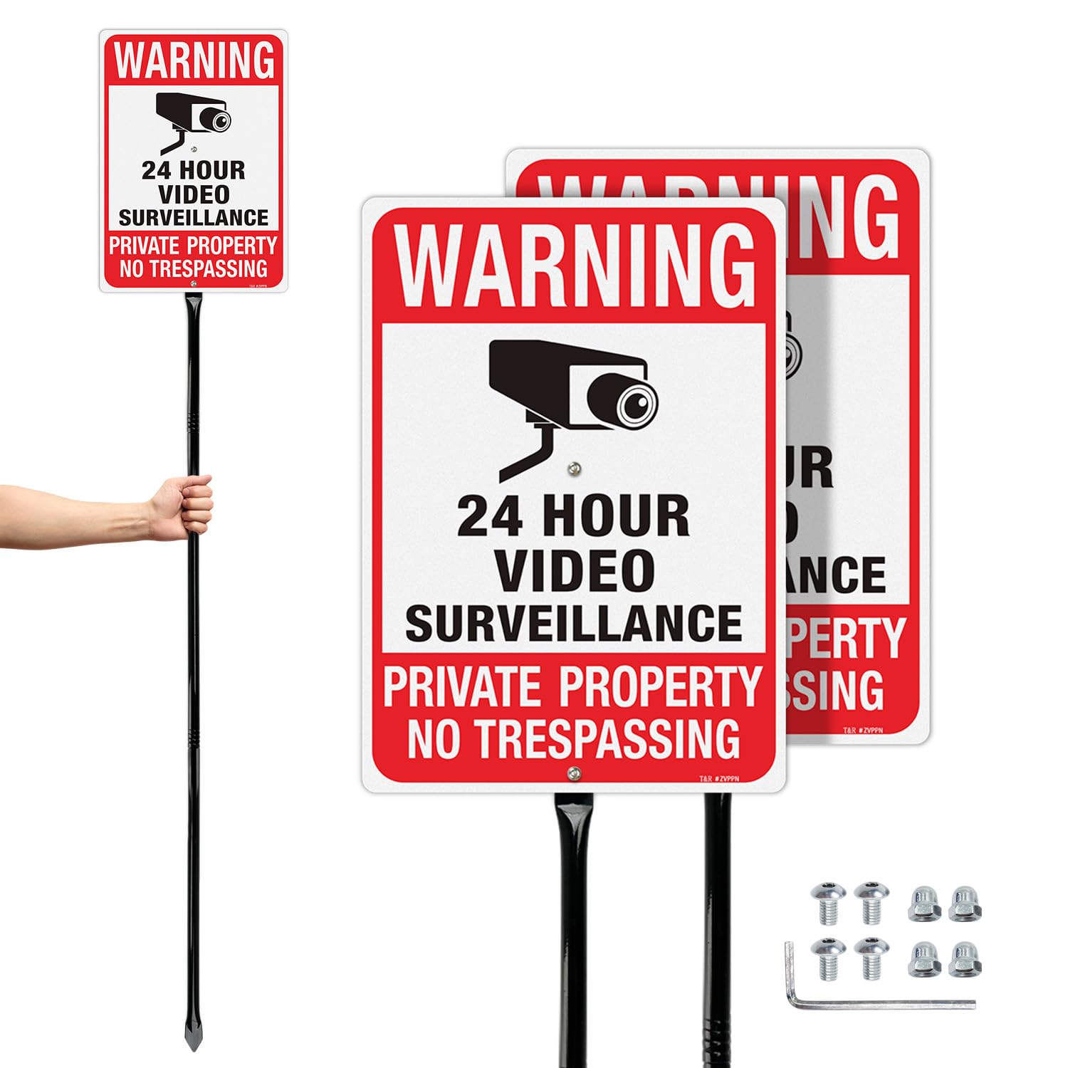 T&R Große Videoüberwachungsschilder mit 137,2 cm Pfahl, Private Property No Trespassing, 35,6 x 25,4 cm, 040, rostfreies Aluminium, reflektierend, wasserdicht und lichtbeständig, 2 vorgebohrte Löcher