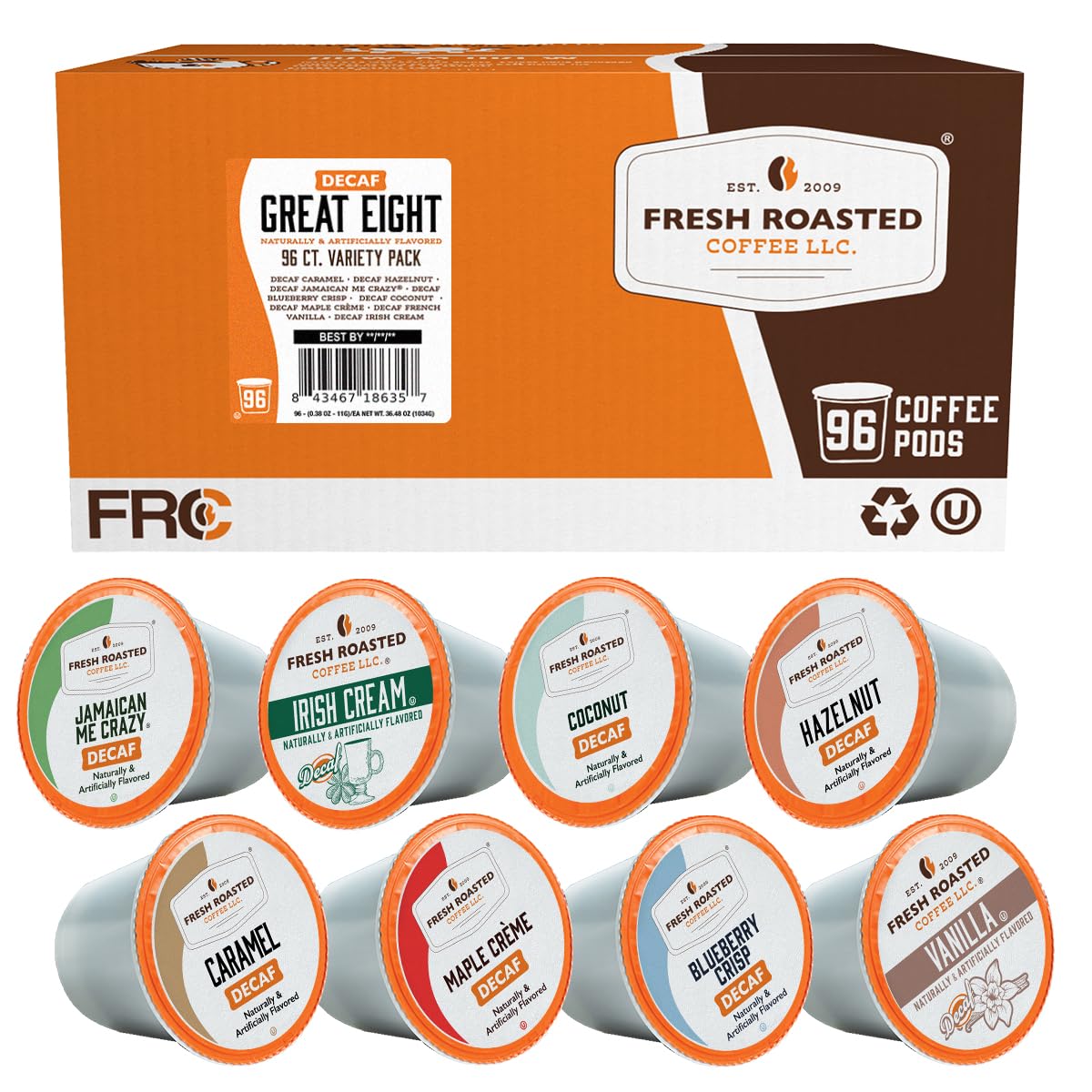 Fresh Roasted Coffee, The Decaf Great Eight, Flavored Coffee Pod Variety Pack, K-Cup Compatible, 96 Count