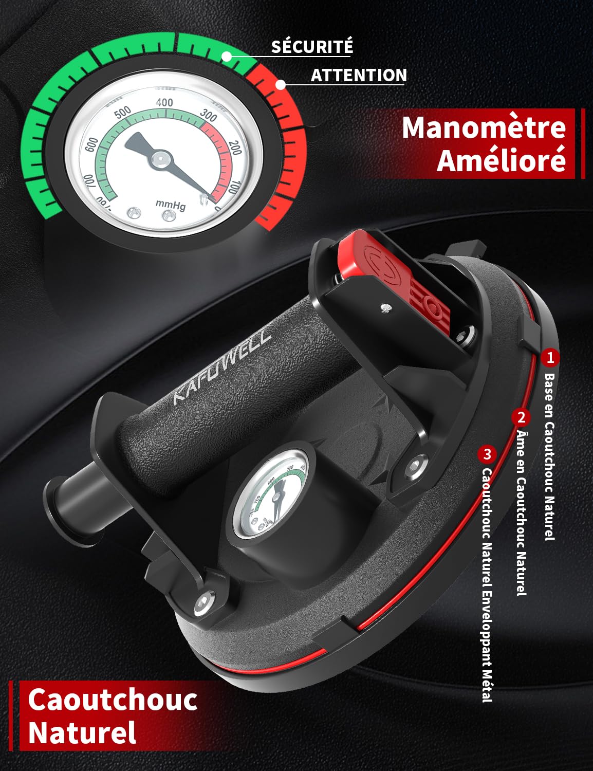 2 x Ventouse Carrelage avec Manomètre, Ventouse Vitre Professionnelle, Charge Max 200 kg/pièce, VentousePare Brise pour Verre, Carreaux, Marbre, Meubles, Plaques, Diamètre 200mm avec Boîte