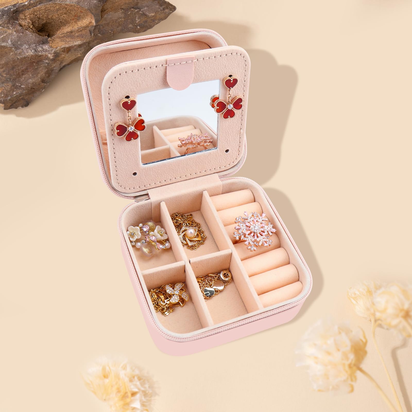 Portagioie Da Viaggio In Velluto Peluche Con Specchio – Colore Ciano Macaron, Con Cerniera
