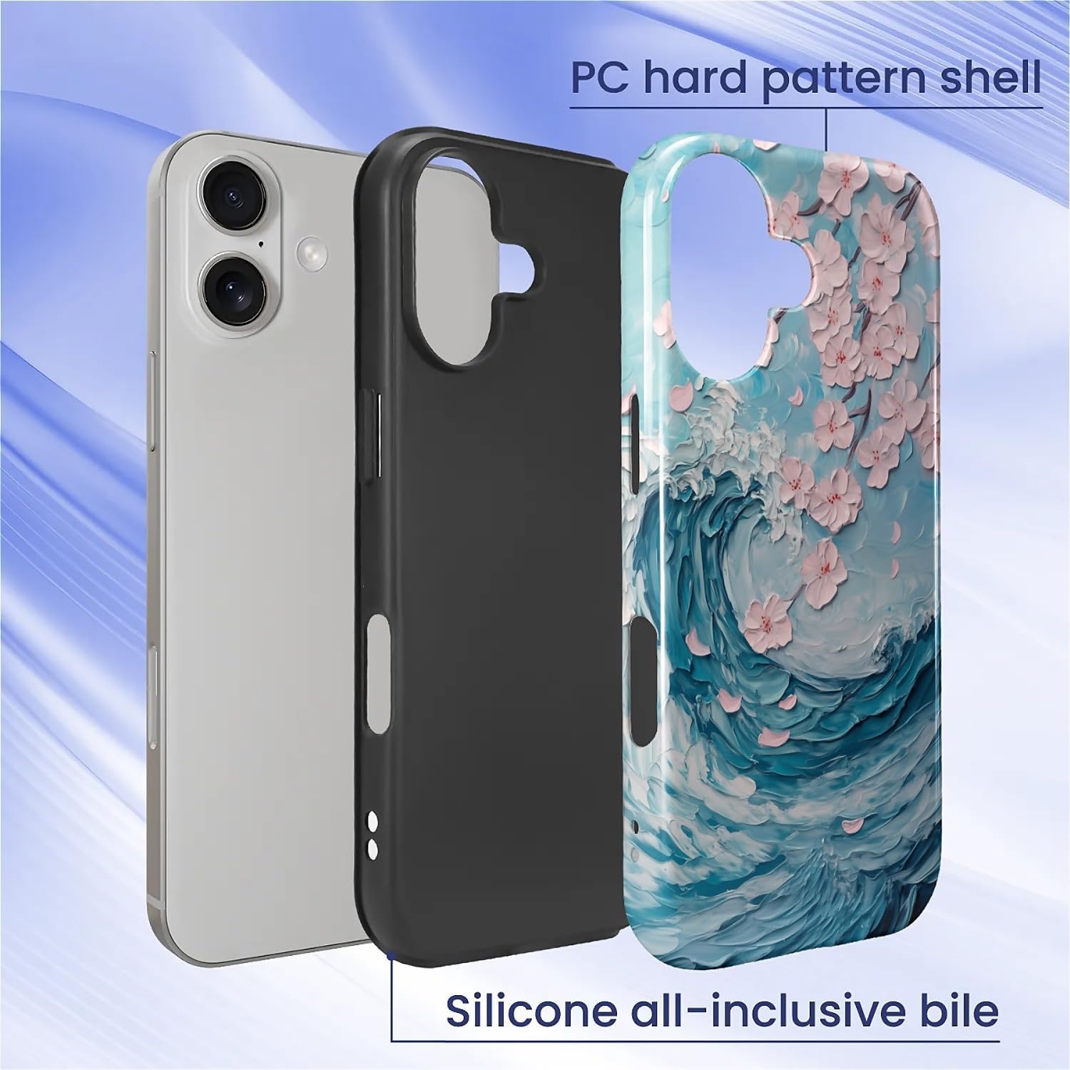 for iPhone 17 Case,Hybrid 2 Layer Hard Shell Silicone Protective Case - Aesthetics Cherry Blossoms Waves - Scratch Resistant Shockproof Cover Aesthetics Cherry Blossoms Waves iPhone 17