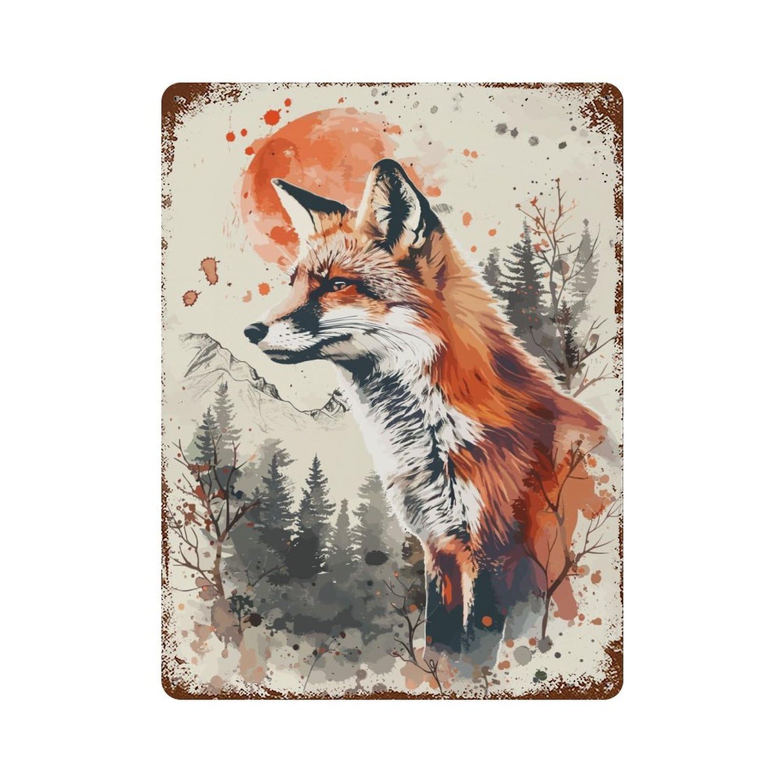 Fox Nature Watercolor Rusty Metal Tin Sign 15.7"x11.8", Industrial Home Decor for Garage, Pub Or Kitchen