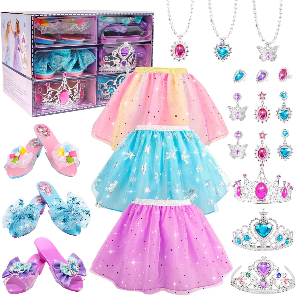 Princess Dress Up for Girls 4-6, Dress Up Clothes with Princess Shoes & Jewelry, Kids Toys for 3-6 Years Girl Toddler ​Brithday Day Party Favors, Girl Role Play Gifts
