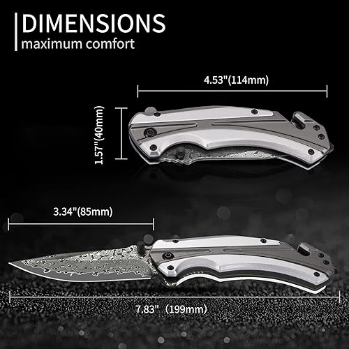 Miniatura 6 de Cuchillo de bolsillo plegable de Damasco para hombres, cuchillo de caza de campamento con bloqueo de forro para supervivencia al aire libre, regalos