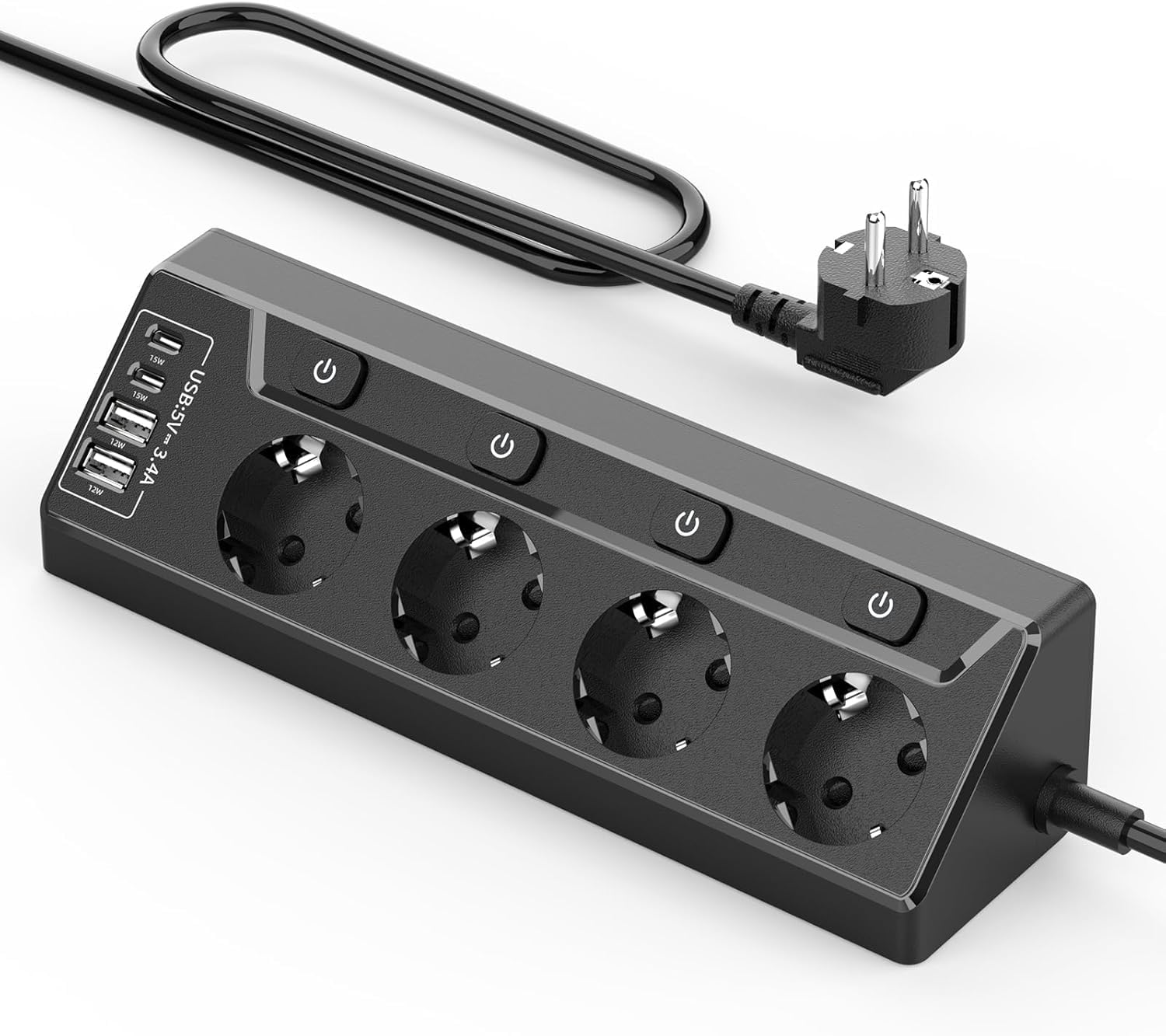 Ciabatta elettrica commutabile singola, presa multipla a 4 prese, con USB, 8 in 1, con cavo da 2 m, per casa e ufficio, 16 A, 3680 W (nero)