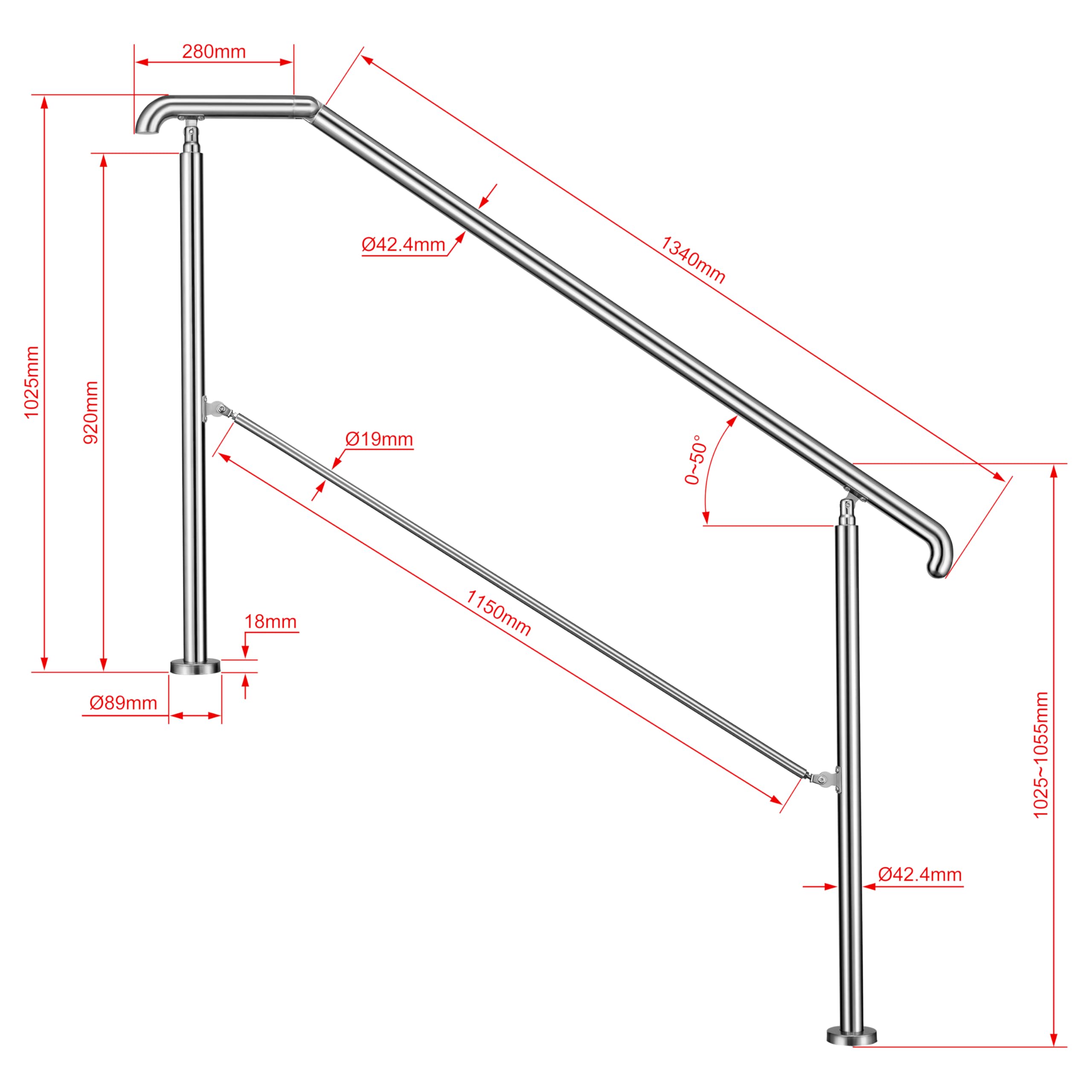 162x102cm Edelstahl Eingangshandlauf Treppengeländer Winkelverstellbares Geländer für 4-5 Stufen Innen Außen Treppens, Silber
