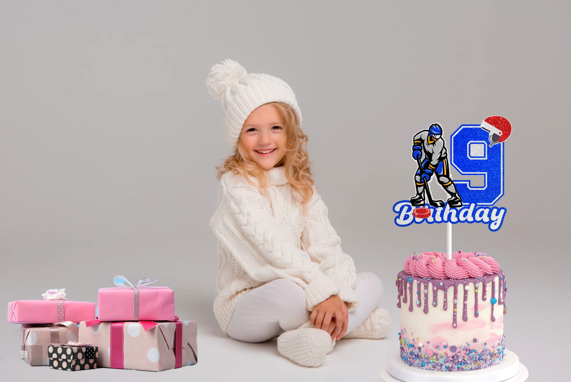 Arthsdite 1 décoration de gâteau de hockey sur glace avec panneau « Happy Birthday » - Thème du palet - Pour enfants, filles, garçons, hommes, femmes