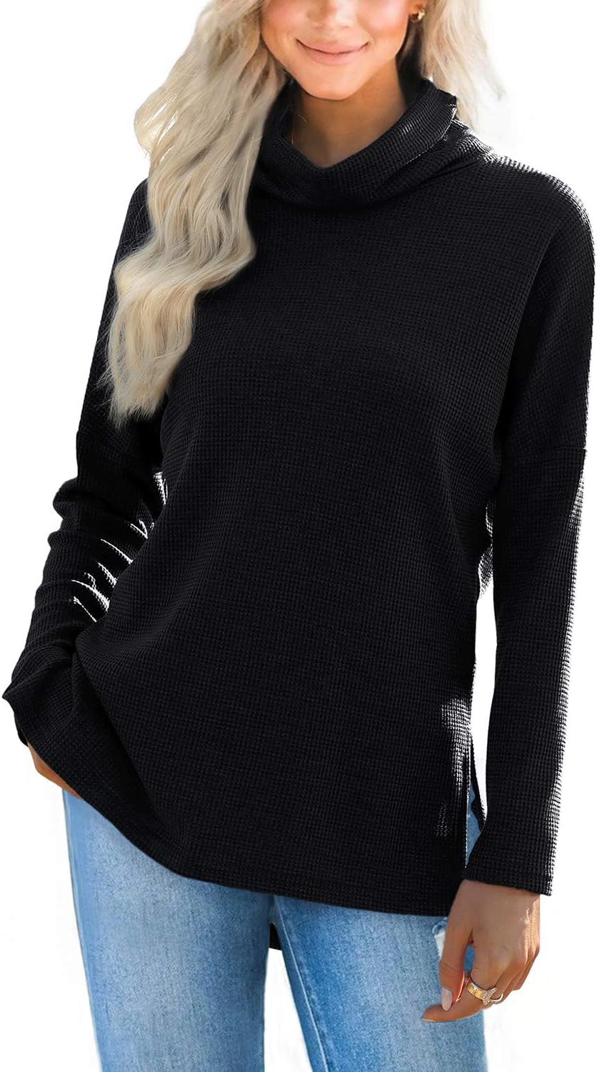 Womens Waffle Knit Cowl Neck Batwing Sleeve Side Split Pullover Tunic Sweater