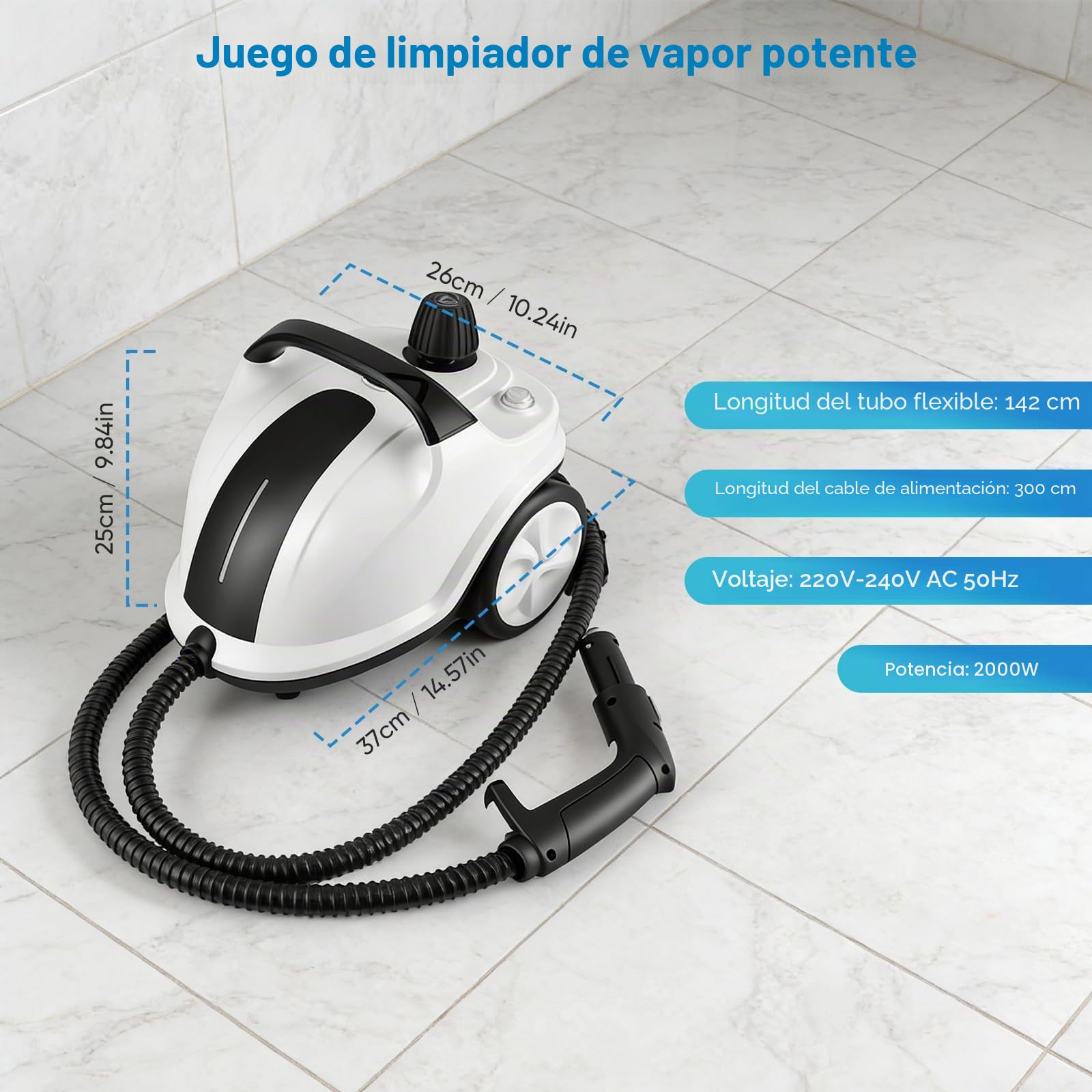 Limpiador a vapor 2000W con 5 bar de presión - Depósito de 2 litros para 100m² de superficie - Set de accesorios de 18 piezas - Limpiador a vapor portátil con cabezal de cepillo giratorio