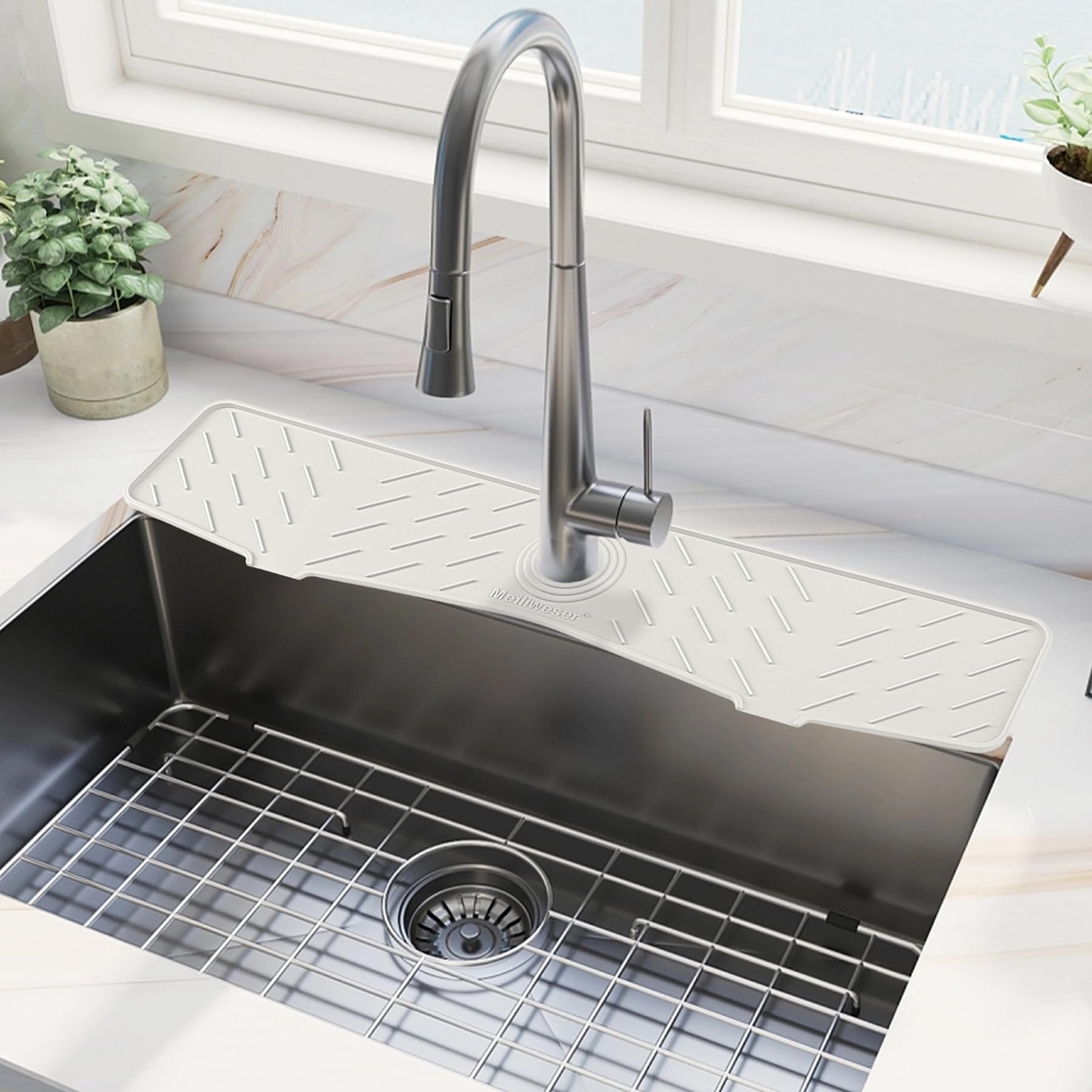 Photo 1 of Meiliweser Faucet Mat for Kitchen Sink – 24” x 5.1” Extra-Long Silicone Splash Guard with 10° Slope & Upgraded Drainage – Gen 3 Sink Water Catcher & Sponge Holder for Kitchen, Bathroom (White)