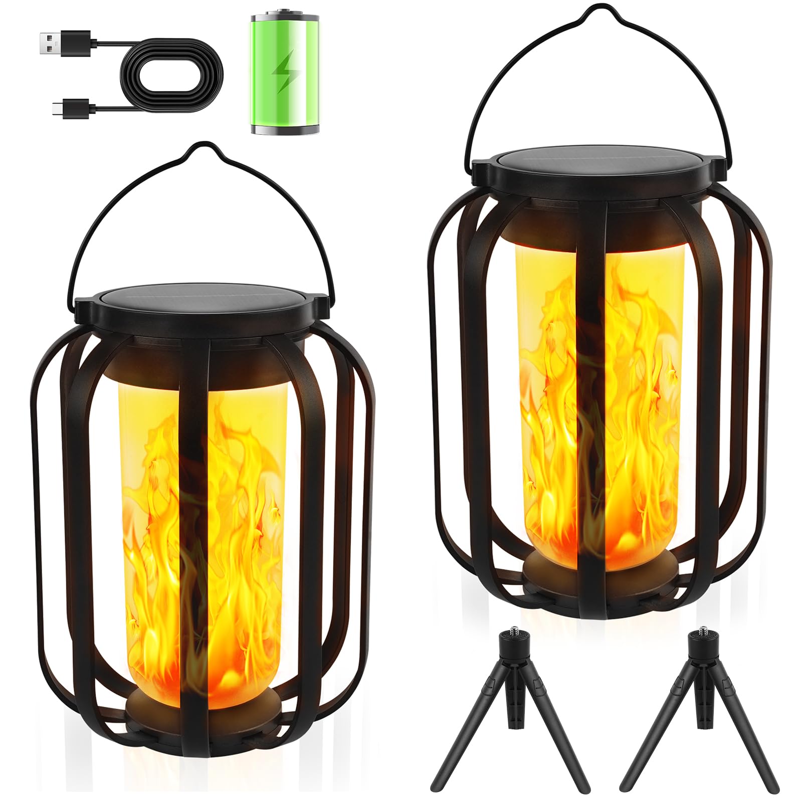 Lanterna Solare A Fiamma Per Esterni - Effetto Fiamma Realistico, Ricarica Solare E USB, Batteria 1500 MAh, Impermeabile IPX4 (2 Pezzi)