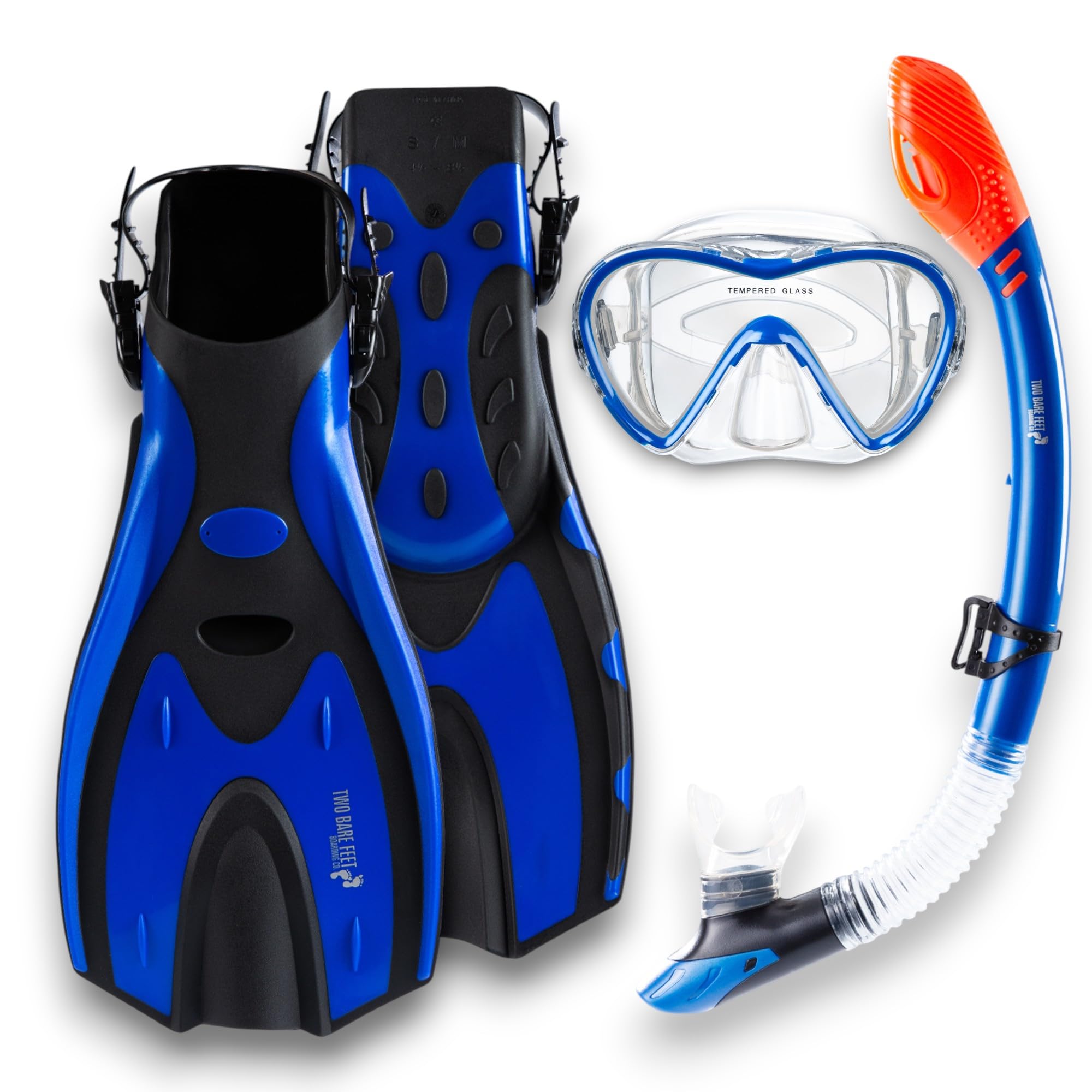 Two Bare Feet Adults 3 Piece Silicone Mask, Snorkel and Fins Diving Set, Anti Fog Anti Leak Snorkelling Set - Style 3 (Blue, Dry Top Snorkel, L-XL) โ image 1