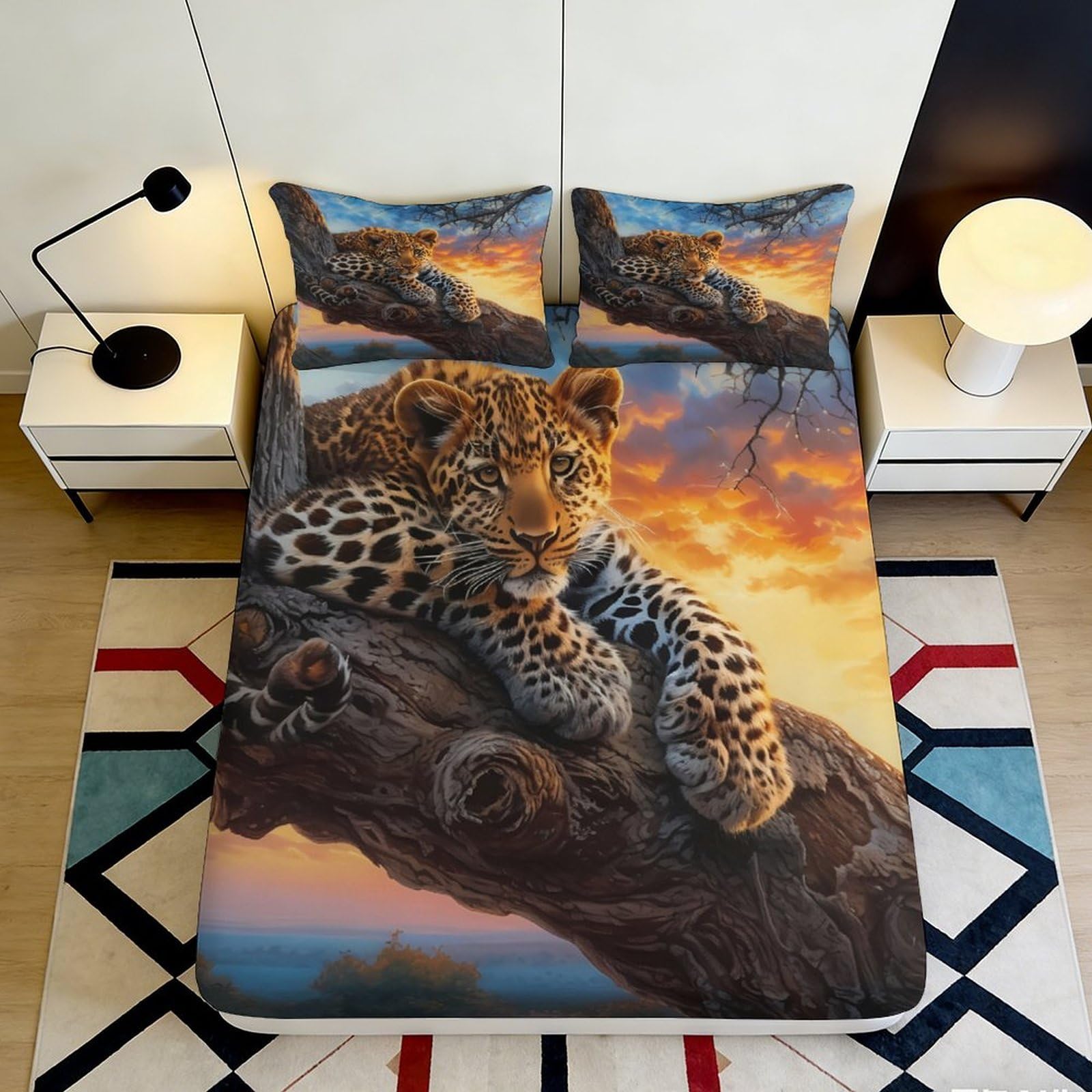 3D Printed Sunset Leopard Fitted Sheet Microfiber Breathable Jungle Tree Mattress Cover for Bedroom Living Room 90x200x25cm