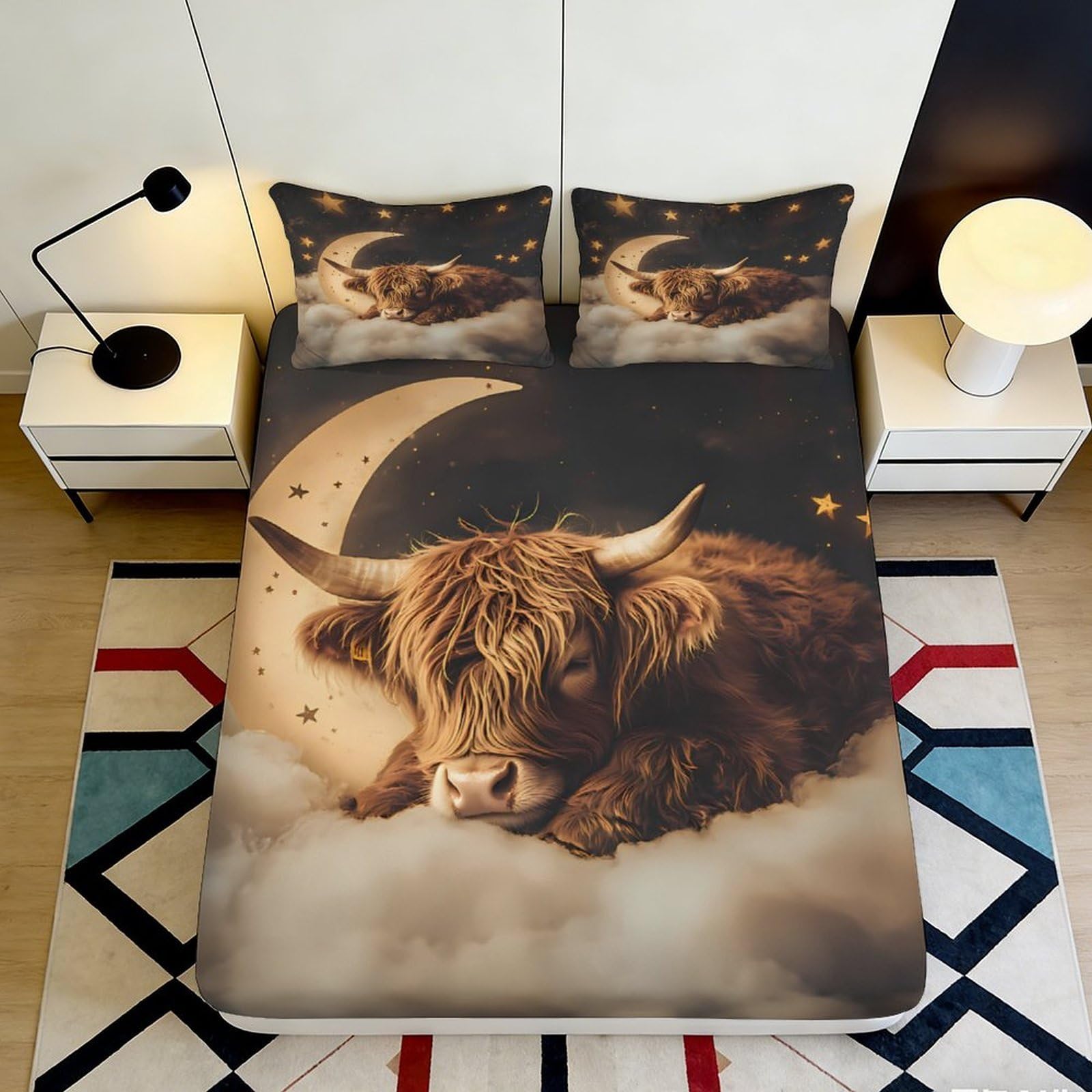 Jqzkxnhpbr Style-10 3D Printed Highland Cow Moon Fitted Sheet Microfiber Soft Anti-Slip Bed Cover For Bedroom Guest Room Decor 90X200x25cm