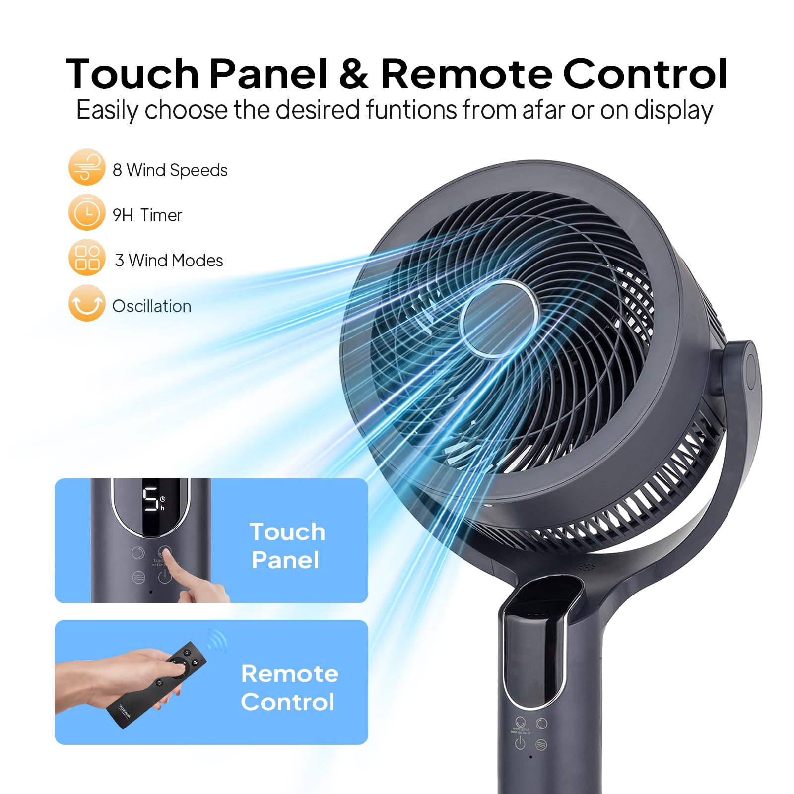 ROVSUN Ventilatore con Telecomando a Piantana, Electric Fan Altezza Regolabile 62/86/110 cm, 3 Modalità, 8 Velocità, Timer 9H, Oscillazione 90°, Inclinazione 90°, Ventilatore a Torre