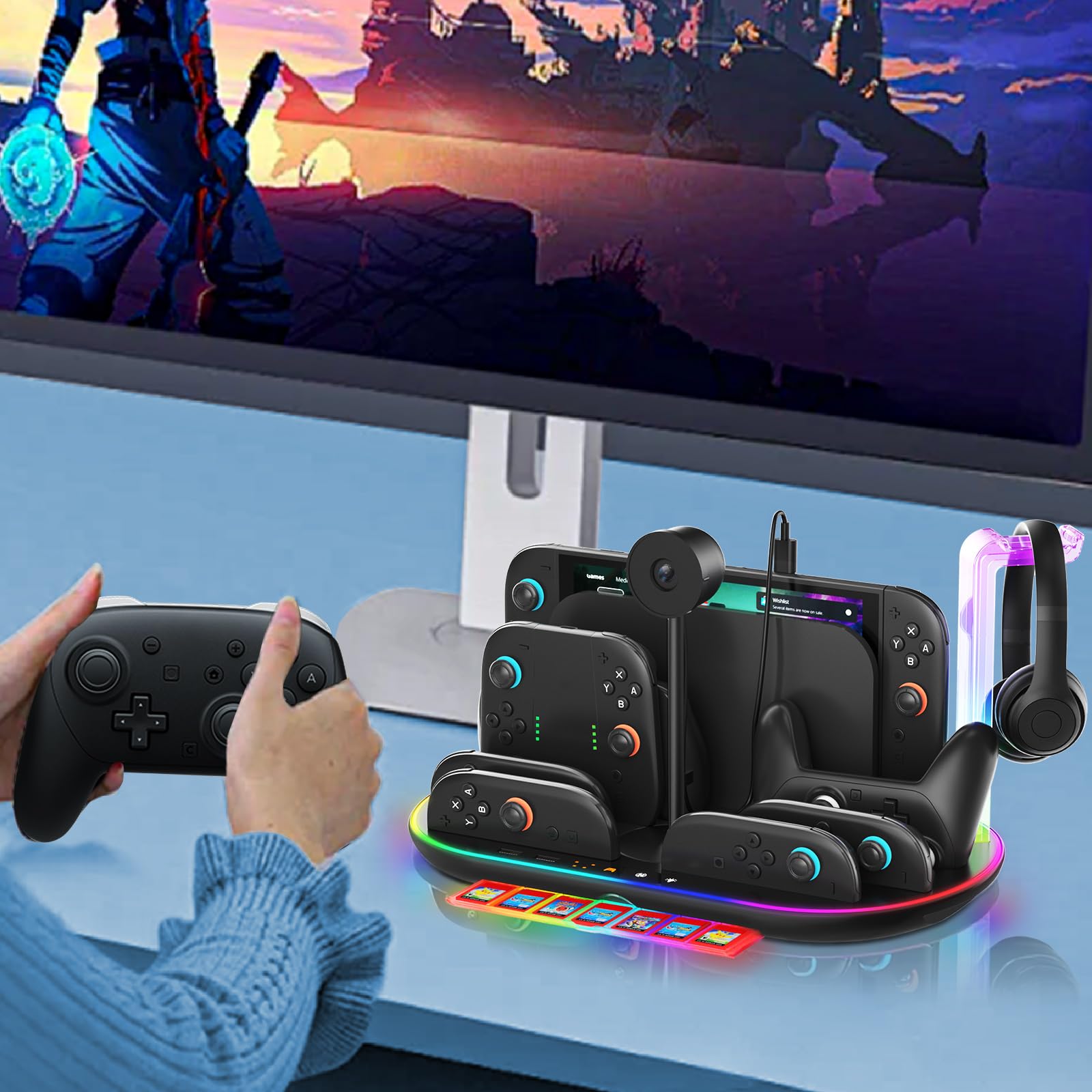 Estación de carga para Switch 2 con ventilador de refrigeración DOBEWINGDELOU Controlador Cargador para JoyCons y Pro Dock Stand con luz RGB, 2 puertos USB, 7 ranuras para tarjetas de juego