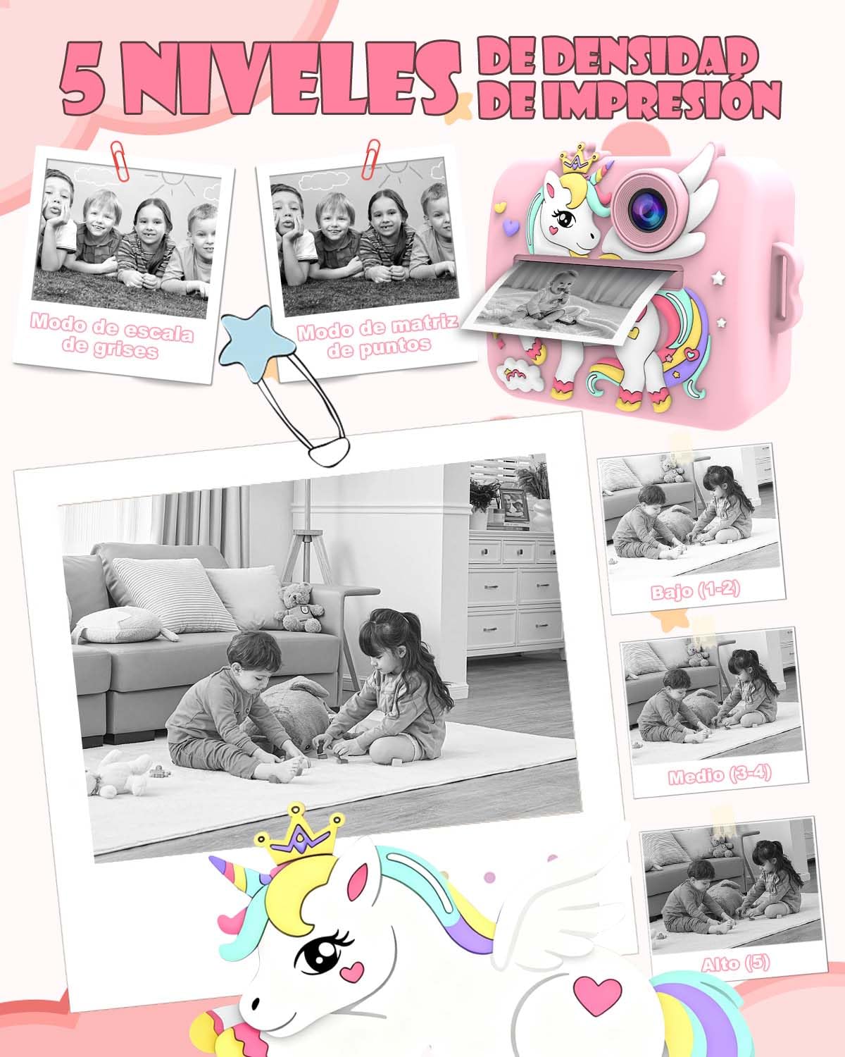 Cámara Instantánea para Niños Unicornio, Cámara Digital Infantil con Impresión Inmediata y 4 Rollos, Juegos Creativos y Tarjeta 32GB, Regalo Niñas 3-12 Años