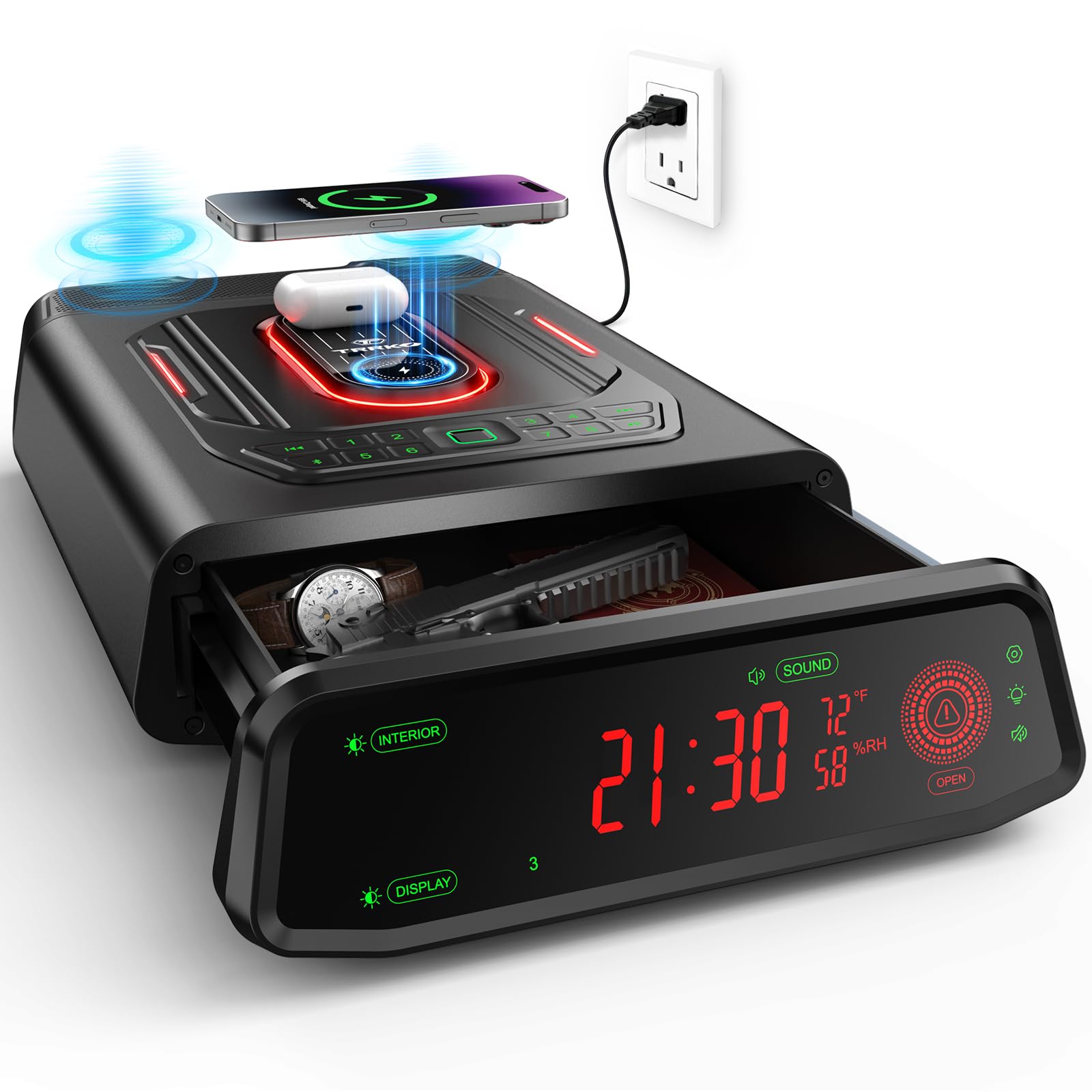 Biometric Gun Safe with Built-in Speaker High-Accuracy Fast-Response Fingerprint Wireless Charging Station Fully Auto-Open Drawer Fits 2 Pistols