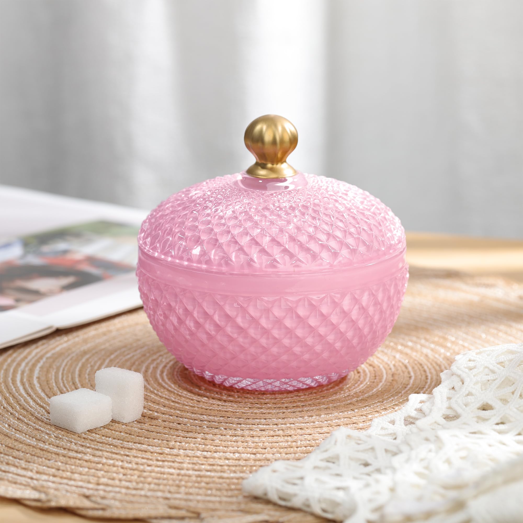 Joeyan Piccoli Barattoli Dolci in Vetro Rosa con Coperchio,Piatti di Caramelle in Vetro Rilievo per Noci,Cioccolato,Biscotti,Barattolo Decorativo per Matrimoni,Buffet Festa,Decorazioni per la Casa