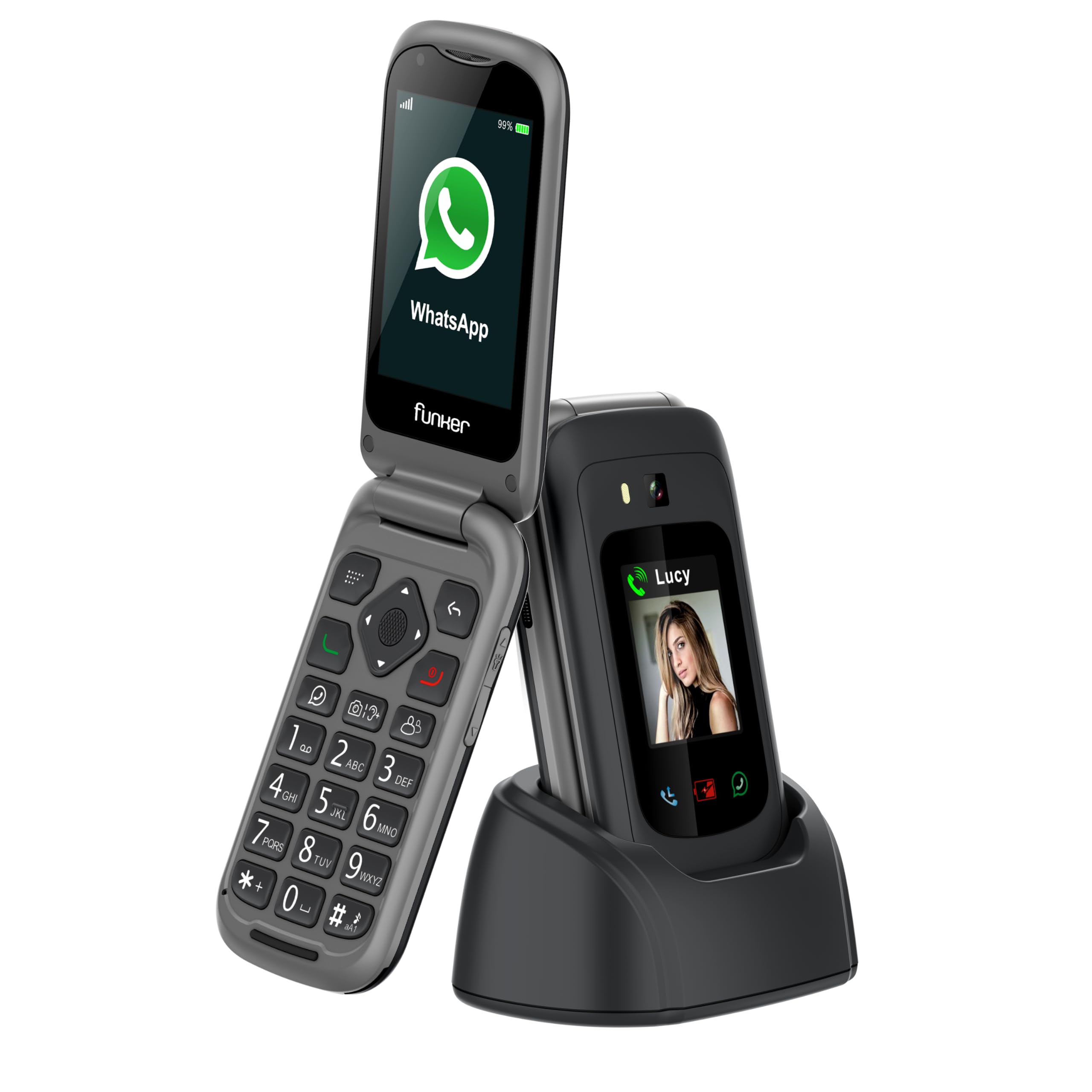 Funker E480 Teléfono 4G para Mayores con Whatsapp y Videollamadas, Botón SOS y GPS, Teclas Grandes, Pantalla Táctil 2.8", Móvil con Tapa, Negro – Sin Cargador ni Cable de Carga