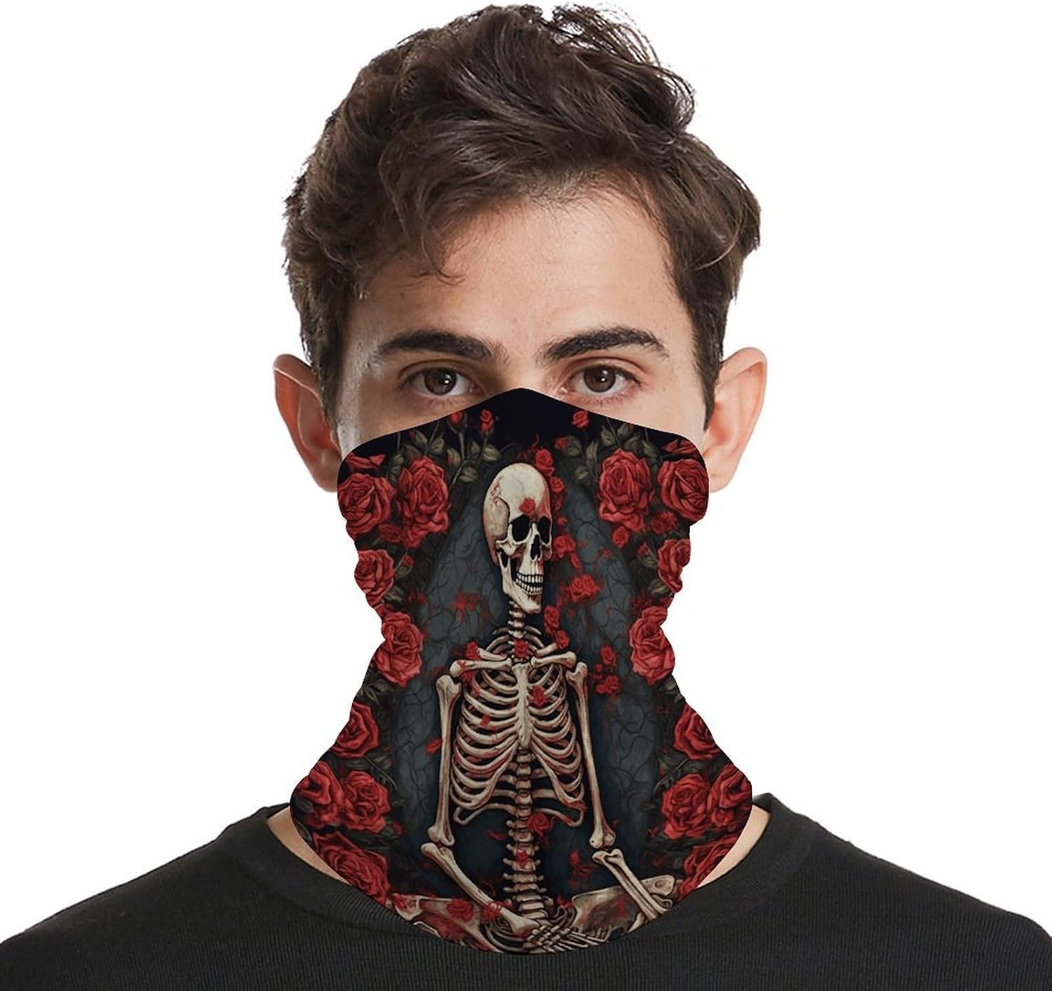 Skeleton with Roses Bandana Soft Neck Breathable Headband Uv Protection Neck Gaiter Reversible Scarf Gaiter Double-Sided Head Scarf Multipurpose Headwear For Outdoor Running Hiking