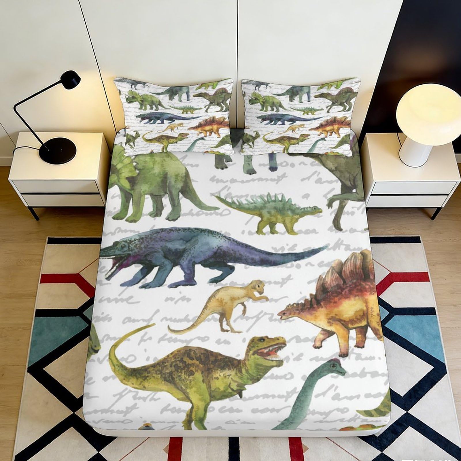 3D Printed Dinosaur Forest Fitted Sheet Microfiber Soft Anti-Slip Jurassic Animals Bed Cover for Bedroom Guestroom Decor 90x200x25cm