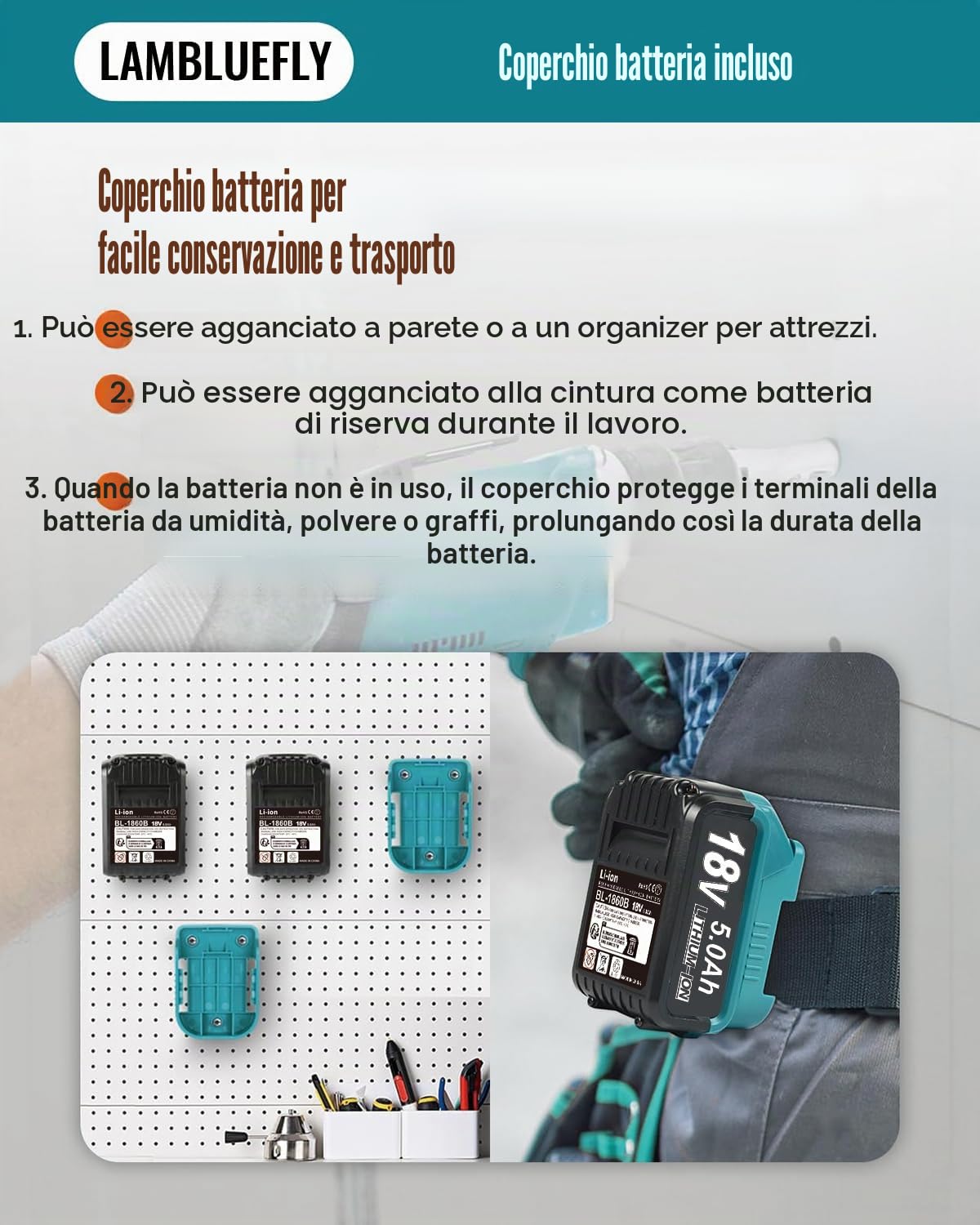 2 x 18V 5Ah/5000mAh Batterie di Ricambio & 2 Supporti, Indicatore LED, Compatibile con Vari Utensili Elettrici da 18V