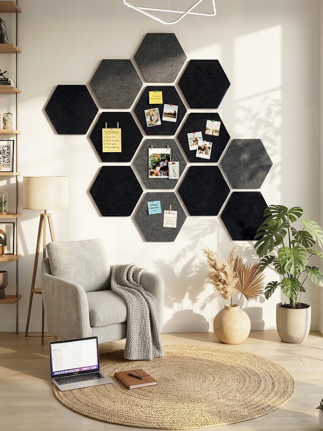 8 Pack Hexagon Felt Bulletin Board Tiles - 11.8" Large Thick Pin Board for Walls with 30 Push Pins, DIY Boards for Office Home School Decor, Aesthetic Hex Cork Board Alternative