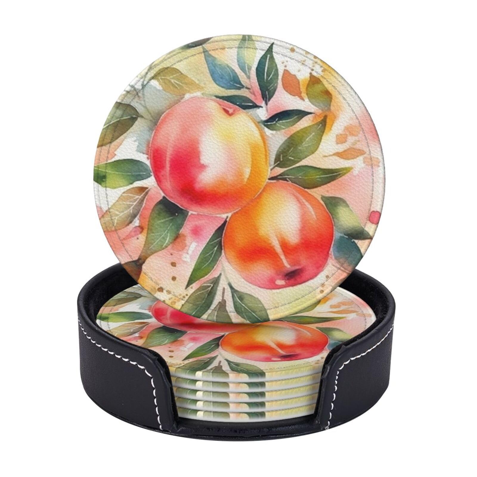 Round Coasters for Drinks Set of 6 - PU Leather Coasters with Holder - Modern Drink Coasters for Coffee Table - Colorful Peach Watercolor Design Coaster for Tabletop Protection 4" Cup Mat Pad