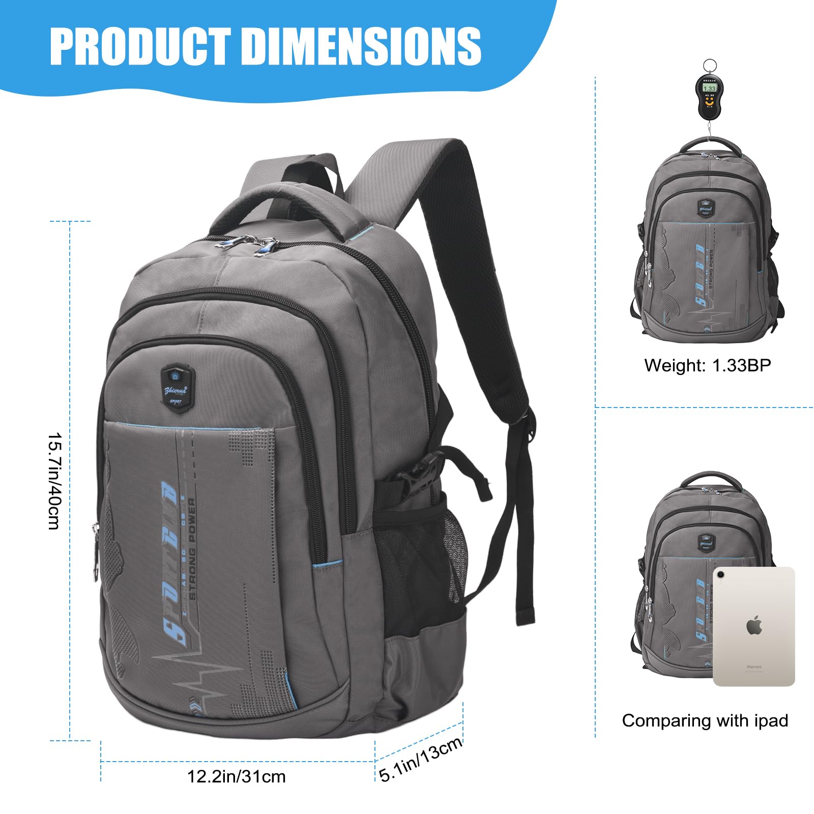 SIVENKE Zaino per la scuola, per ragazzi, adolescenti, per la scuola, per laptop, multifunzione, impermeabile, per la scuola, i viaggi, grigio/blu