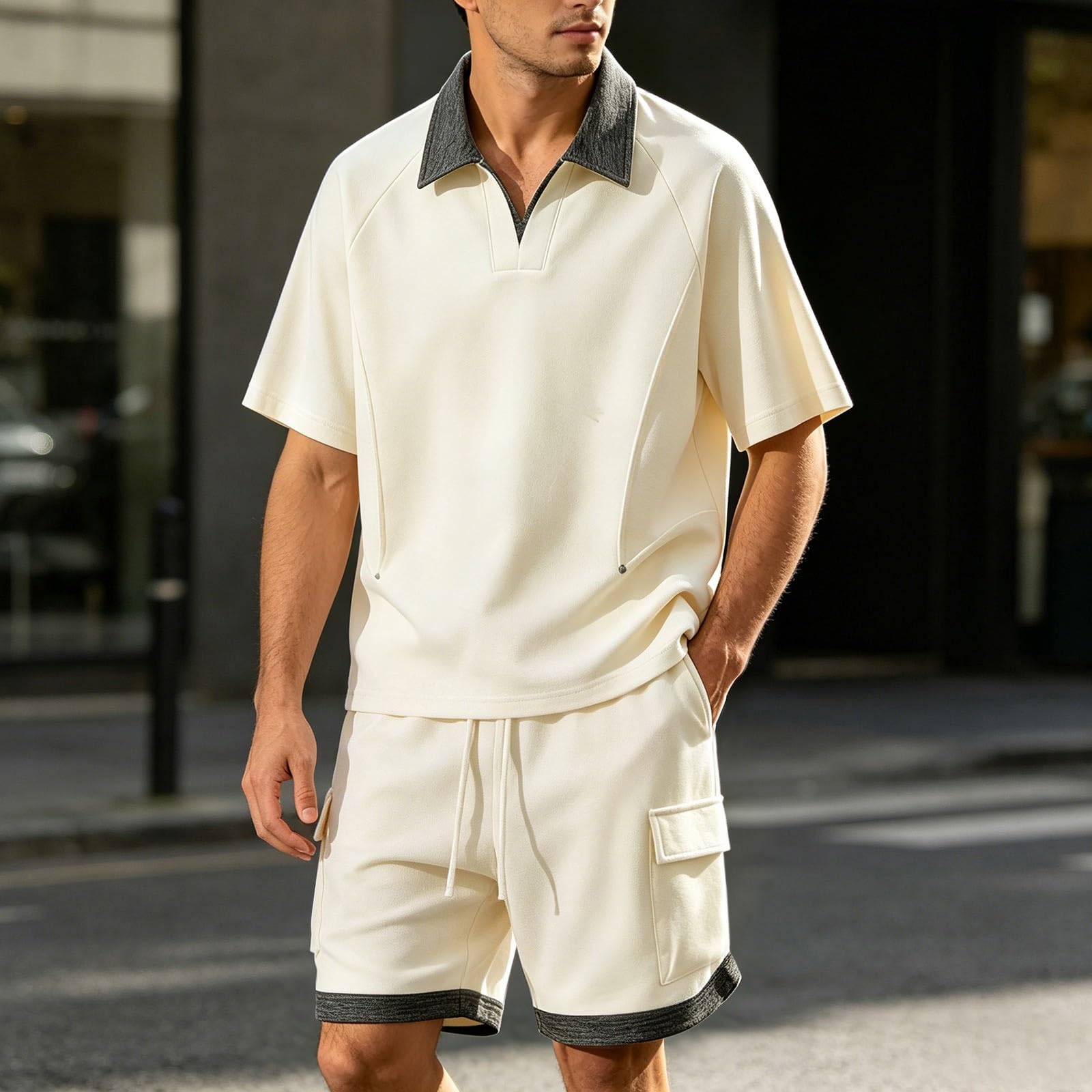 Tuta da jogging da uomo, due pezzi, polo e pantaloncini, con coulisse, estiva, per il tempo libero, abbigliamento sportivo, con risvolto, tuta da allenamento per attività all'aperto