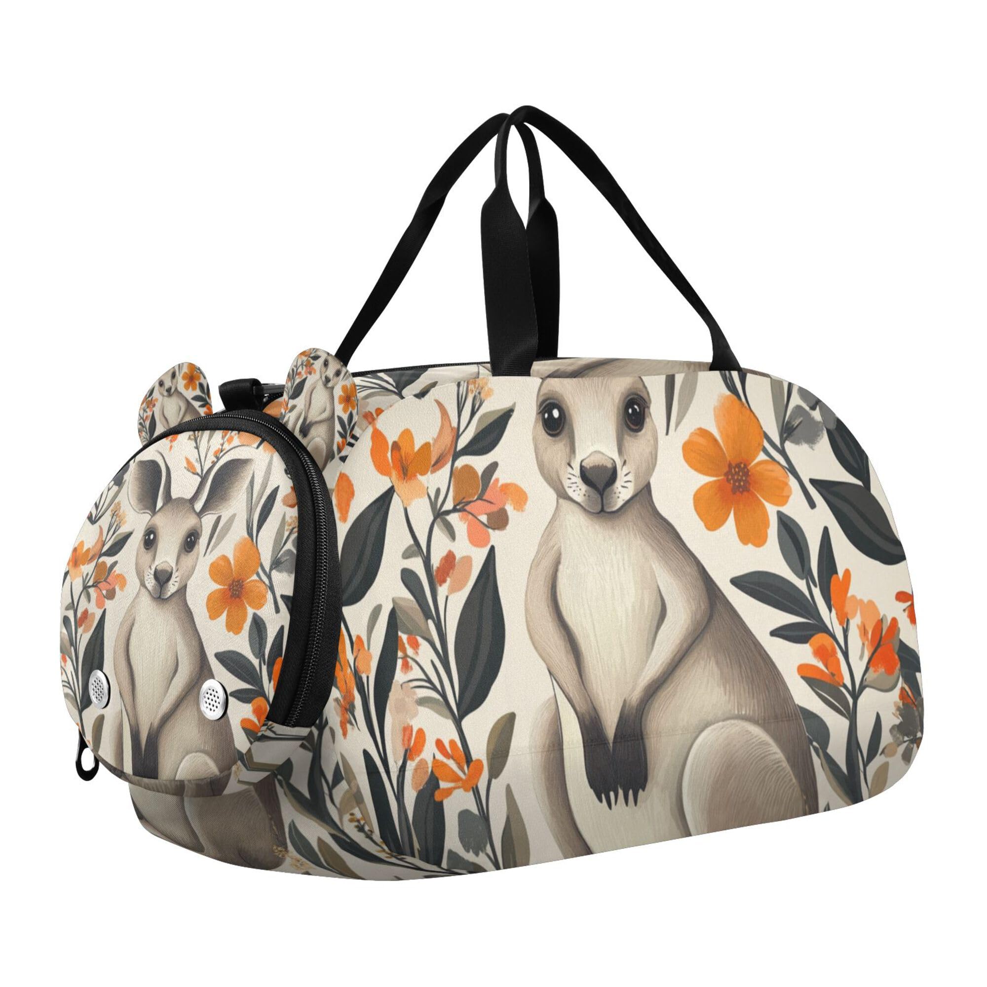 Glaphy Kangaroo and Flowers Duffle Bag for Toddler Boys Girls, Gym Sports Bag with Shoe Compartments, Kids Travel Overnight Weekender Shoulder Bag