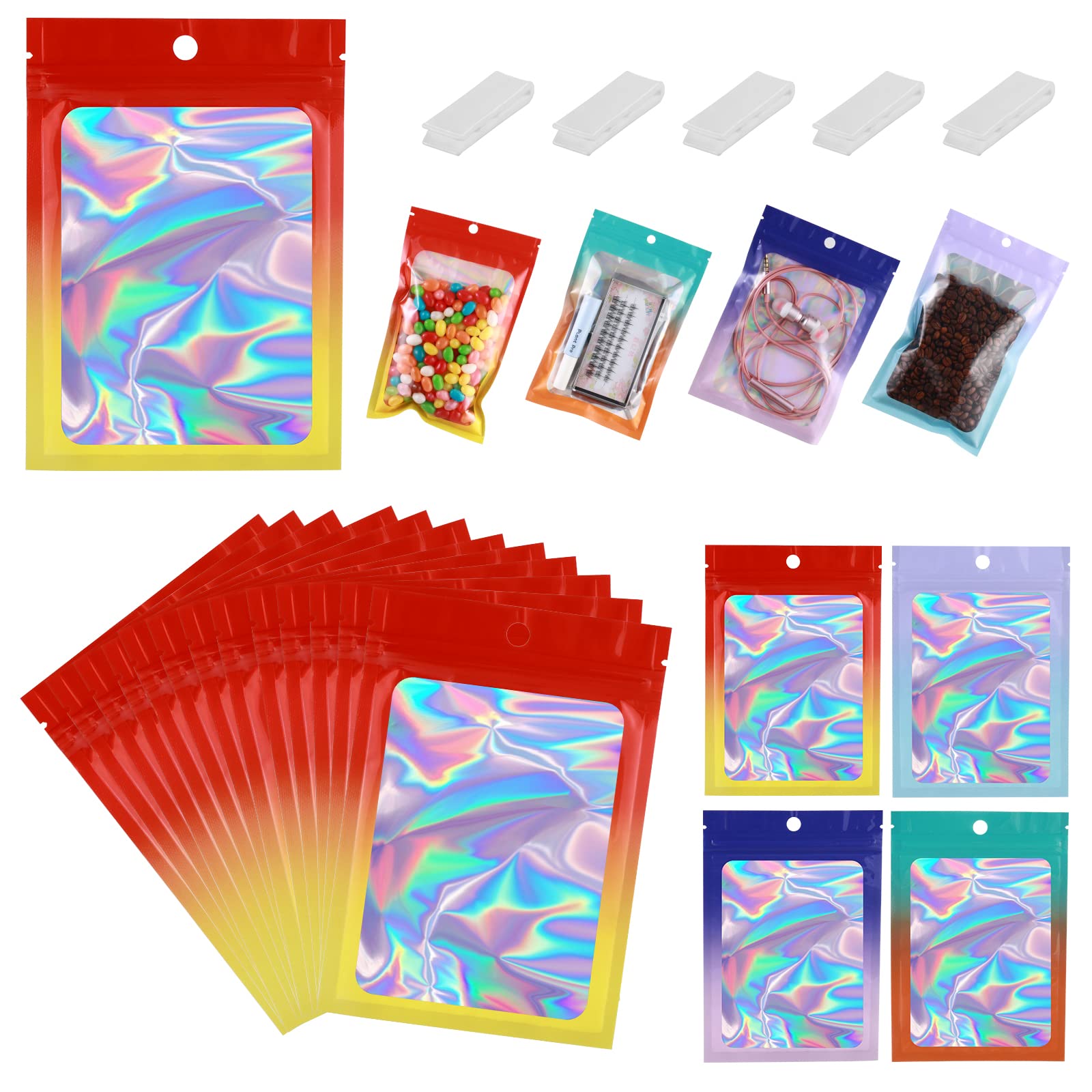 350 bolsas de Mylar a prueba de olores de 4 x 6 para almacenamiento de alimentos, bolsas de Mylar resellables degradadas con ventana transparente, bolsa de embalaje holográfica con cierre hermético