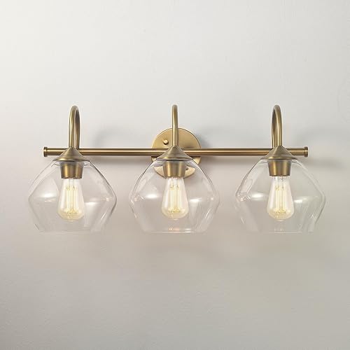 Miniatura 5 de Globe Electric 63000103 - Accesorio de tocador de 3 luces de 26 pulgadas, acabado de latón, pantallas de vidrio transparente, accesorios de sala de