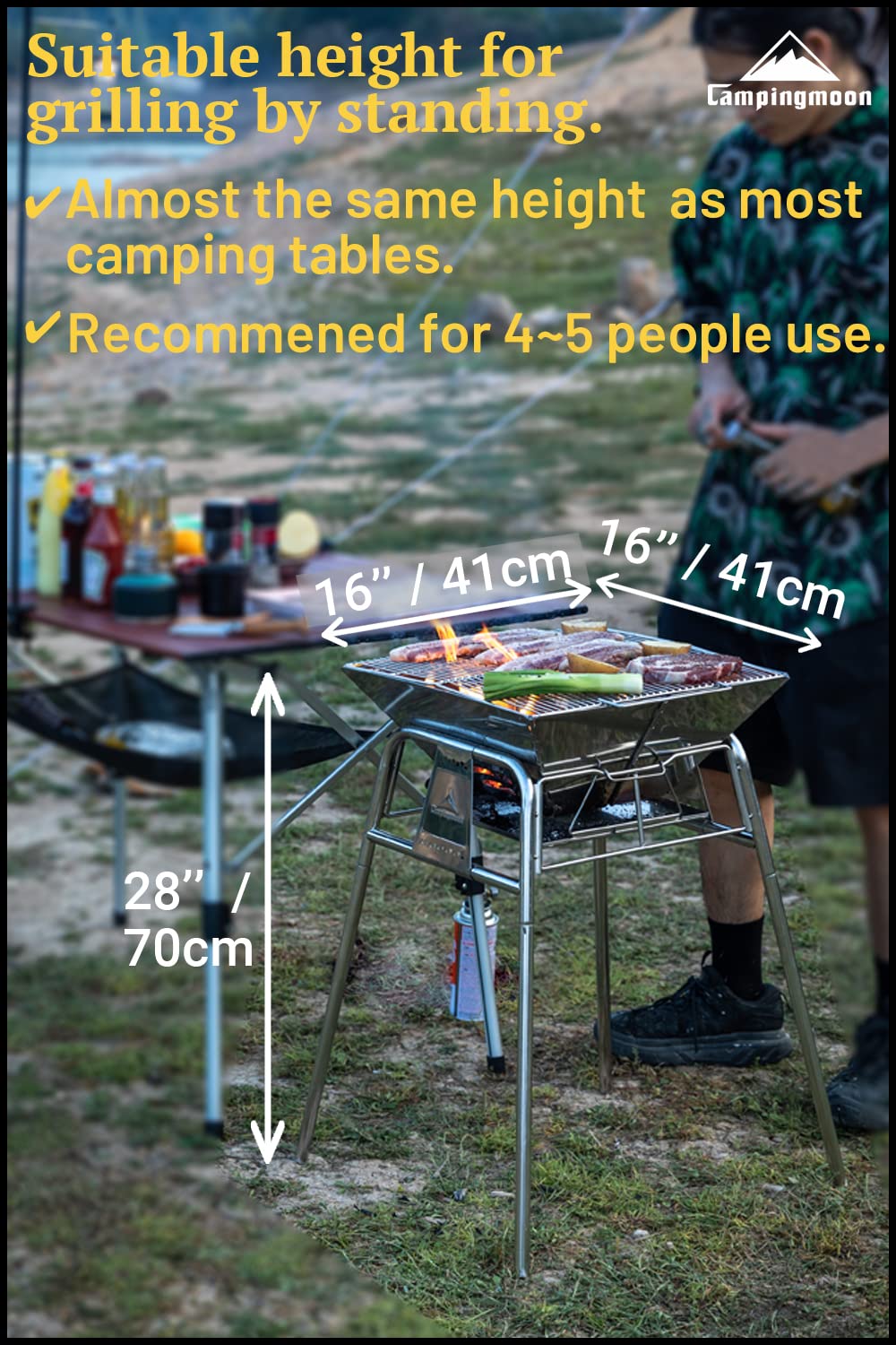 CAMPINGMOON Składany grill kempingowy grill na węgiel drzewny stojak ze stali nierdzewnej typ MT-5