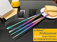 Vista 4 de JETKONG 2 pinzas finas de acero inoxidable de 16 pulgadas extra largas, pinzas de cocina largas para cocinar (arcoíris)