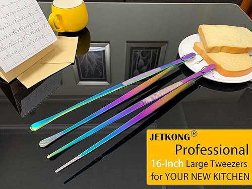 Miniatura 4 de JETKONG 2 pinzas finas de acero inoxidable de 16 pulgadas extra largas, pinzas de cocina largas para cocinar (arcoíris)
