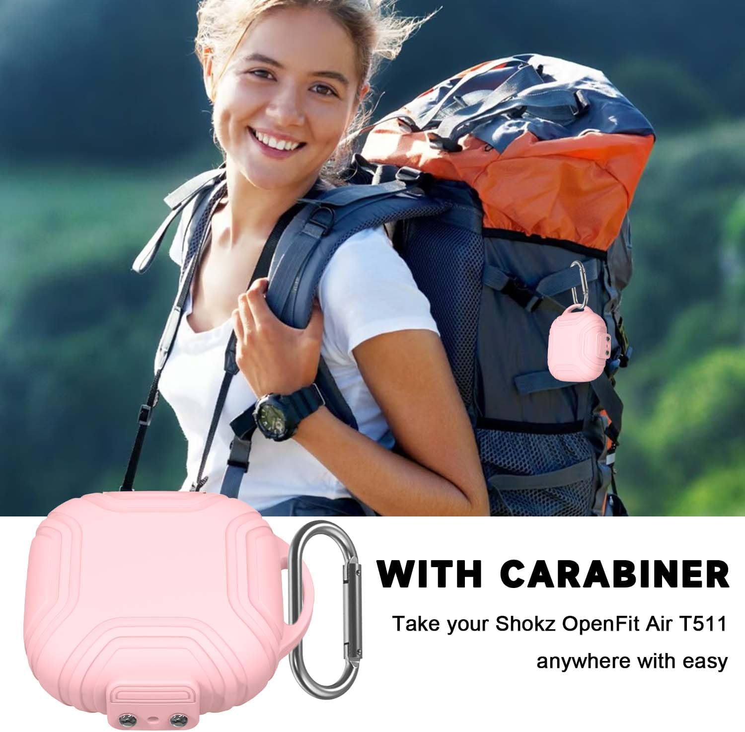 [Secure Lock] Case for Shokz OpenFit Air T511 Open-Ear Headphones, Silicone Anti-Slip Anti-Scratch Protective Cover for Shokz OpenFit Air T511 Case Earbuds Charging Case with Carabiner (Pink) - Image 7