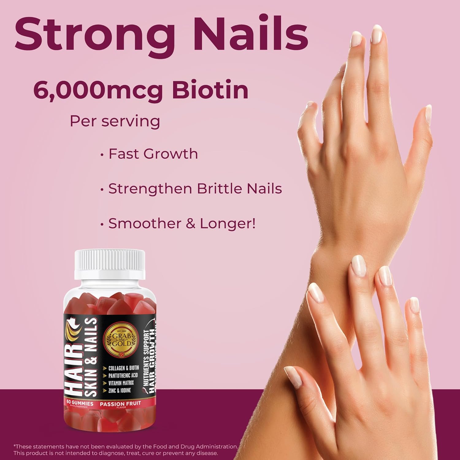 Grab The Gold Hair Skin & Nails Vitamins for Women | Gummies with 6000mcg Biotin & Collagen | 10 Essential Vitamin & Minerals | Gluten-Free, Non-GMO, Passion Fruit Flavor | 1 Month Supply - Image 6