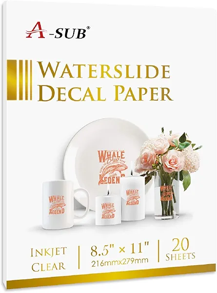 A-SUB Waterslide Decal Paper for Inkjet Printers 20 Sheets Clear Water Slide Transfer Paper 8.5x11 in for DIY Tumbler, Mug, Glass Decals