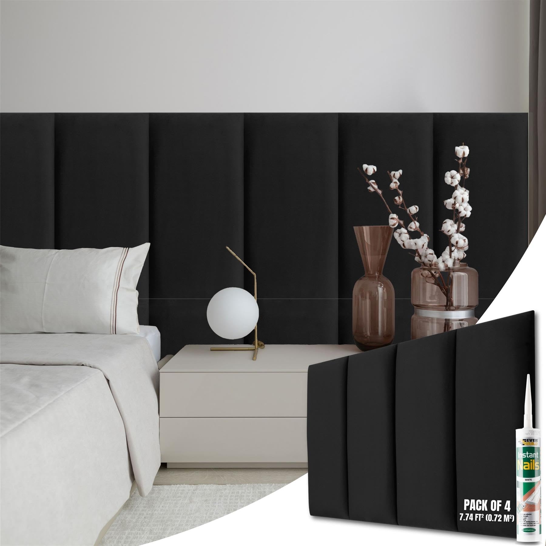 NOVECRAFTO Velvet Padded Wall Panels Set of 4 - Black Upholstered Anti-Collision Panels with Adhesive - H23.6 x W11.8 (60x30cm) Cushioned Paneling for Beds, Kids Room, Hallways & Feature Walls
