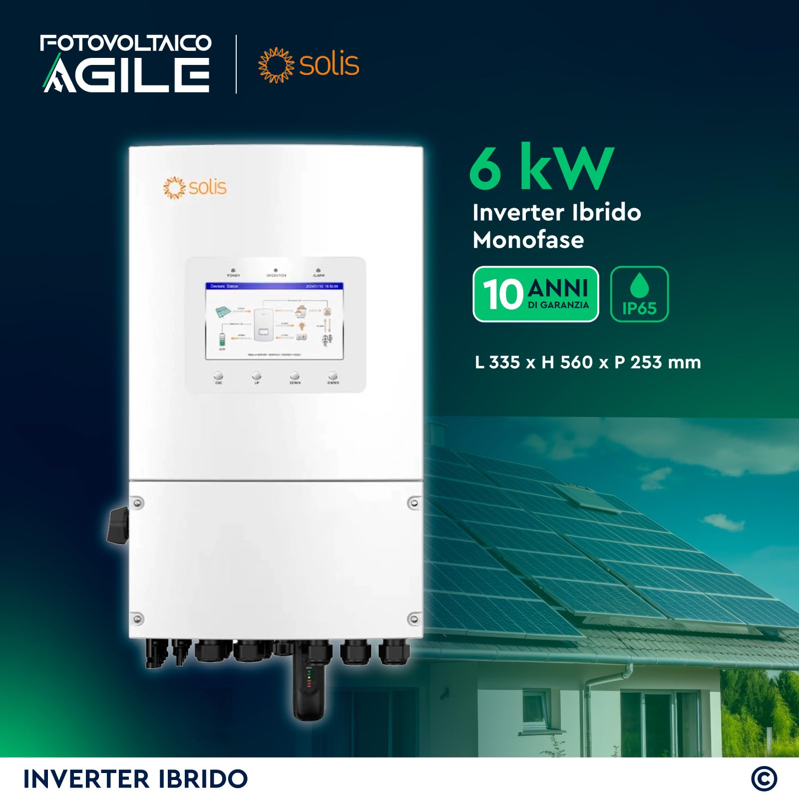 KIT Pannelli Solari 6,72 kWp + Inverter Ibrido Solis 6 kW + Batteria 9,6 kWh + Quadro di stringa 2 MPPT + Quadro AC Monofase Chint - CEI 0-21 - Funzione Backup - Impianto a isola oppure ongrid