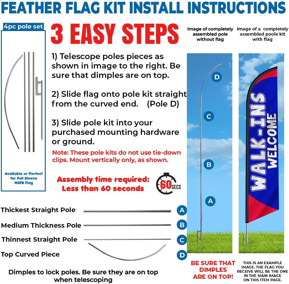WALK-INS WELCOME & BARBER SHOP Outdoor Advertising Feather Swooper Banner 15FT Flag Kit with Ground Stake (2 Complete Sets) - Perfect for Hair Cuts Salon