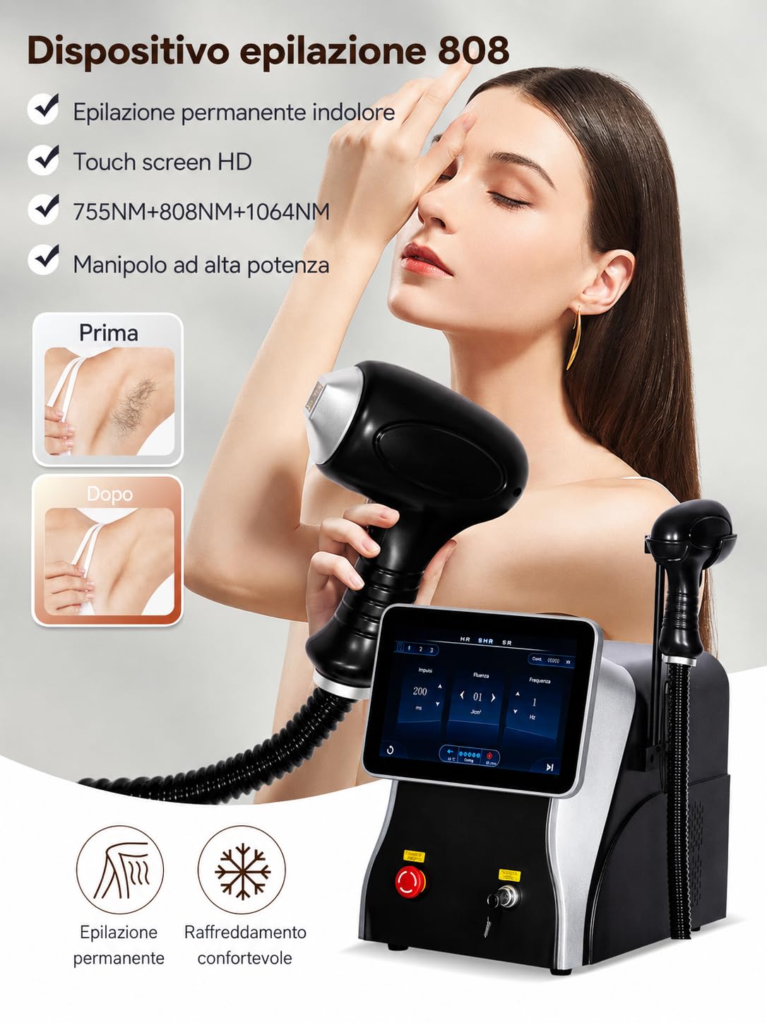 Dispositivo per epilazione laser a diodo 808 nm nero, manipolo con 10 barre laser, lunghezze d onda 755 808 1064 nm, raffreddamento integrato, display touch HD, per salone spa e casa