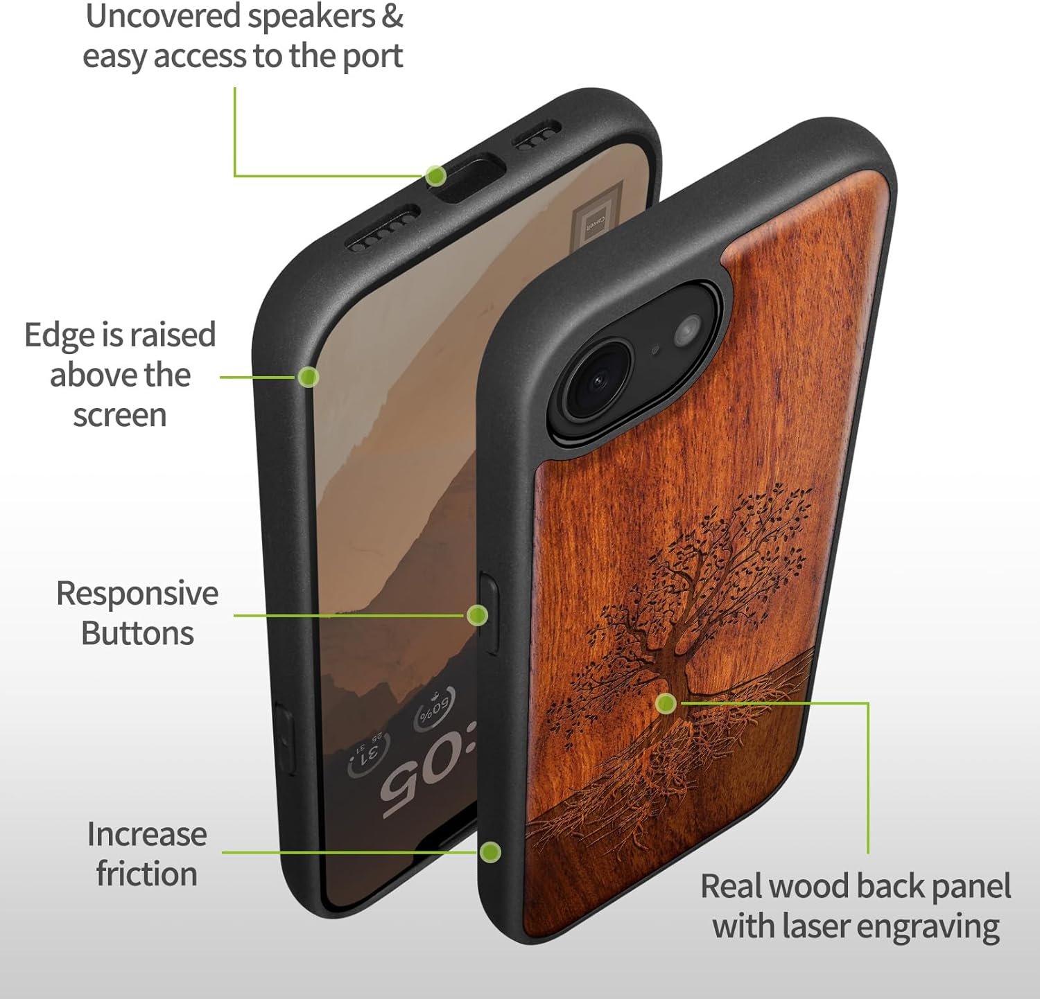 Carveit Magnetic Wooden Case for iPhone 16e / 17e, Solid Wood & Black TPU, Artisan Engraved Design, Shockproof Cover, Compatible with MagSafe Wireless Chargers, The Yin Yang Tree - Rosy