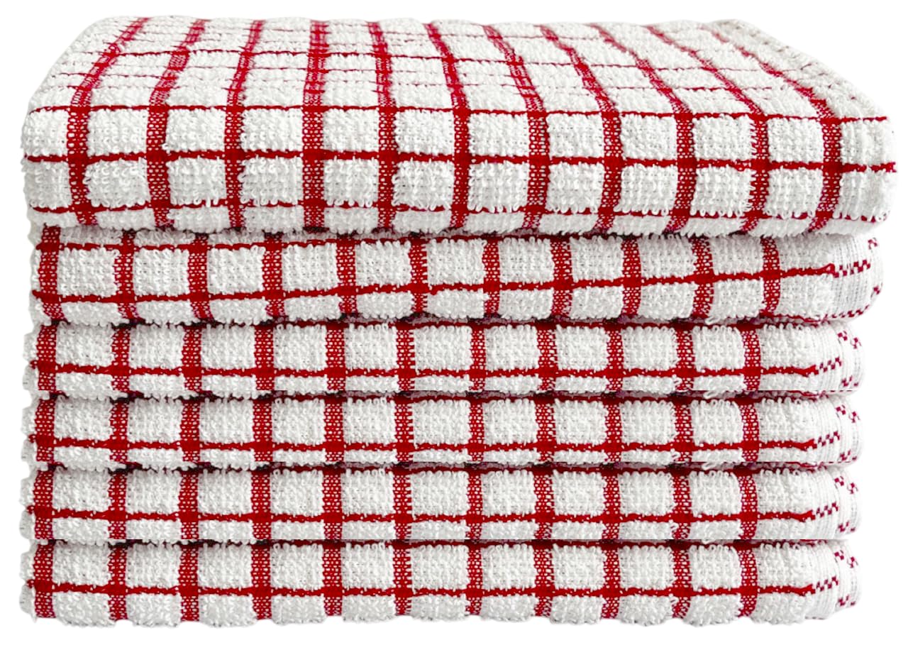 EDB 6 x Mono Check Terry Tea Towels Made From 100% Egyptian Cotton, Large Size 46 cm x 65 cm, Super Soft Dish Cloths, Wonder Dry Kitchen Towel for Dish Cleaning and Drying (Red)