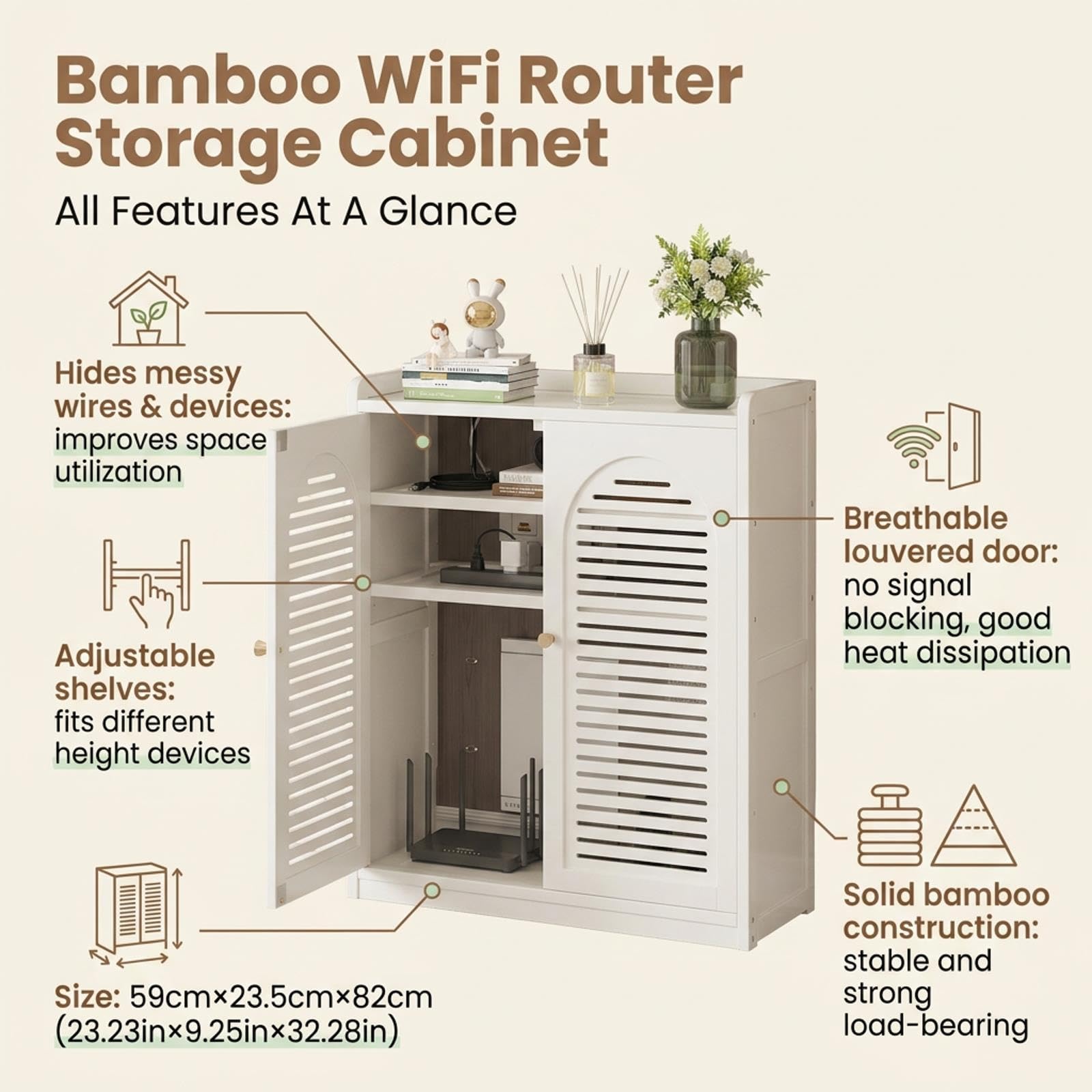 Organizador de Router WiFi de Bambú con Puertas de Persiana