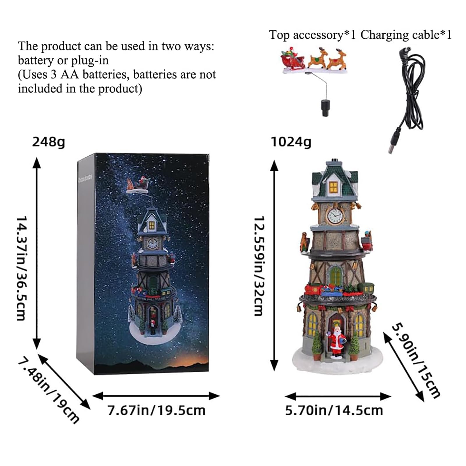 Torre Dell'orologio Di Natale, Decorazioni Per La Casa Del Villaggio Di Natale Con Luci a LED E Musica Tradizionale, Funzionamento Tramite USB/batterie E Materiale In Resina Durevole Di Qualità